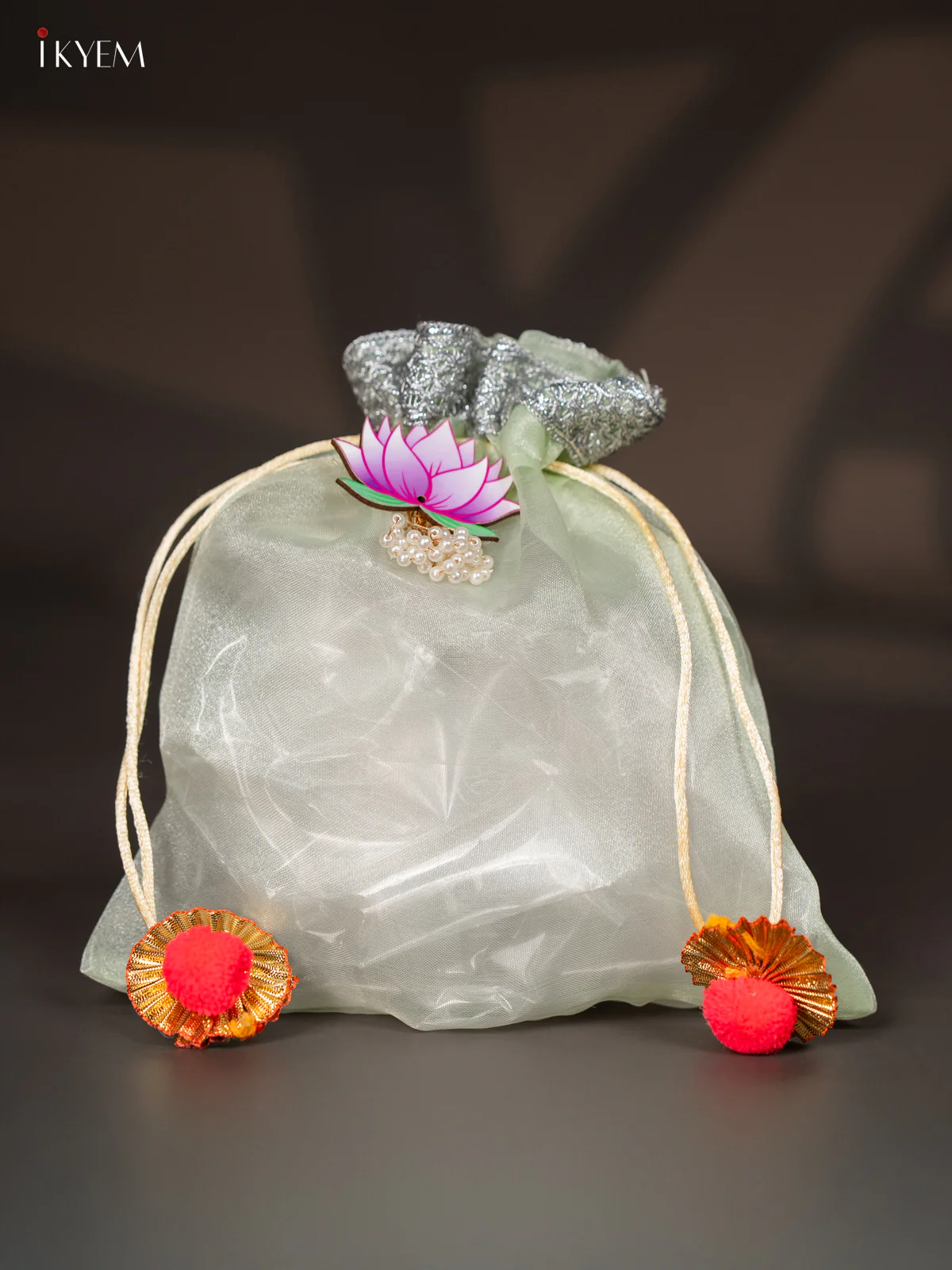 Organza Potli Bag with Lotus - Green - 8 Inch - KJ11157