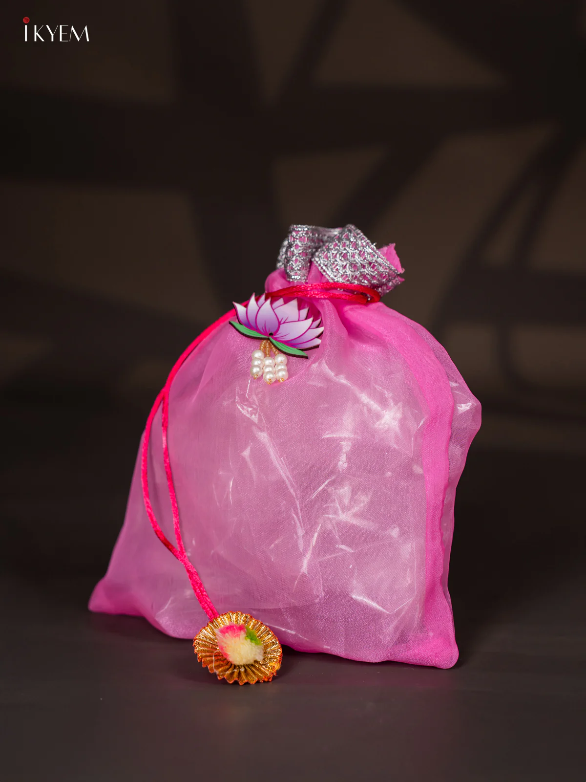 Organza Potli Bag with Lotus - Light Pink - 8 Inch - KJ11162 - Image 2
