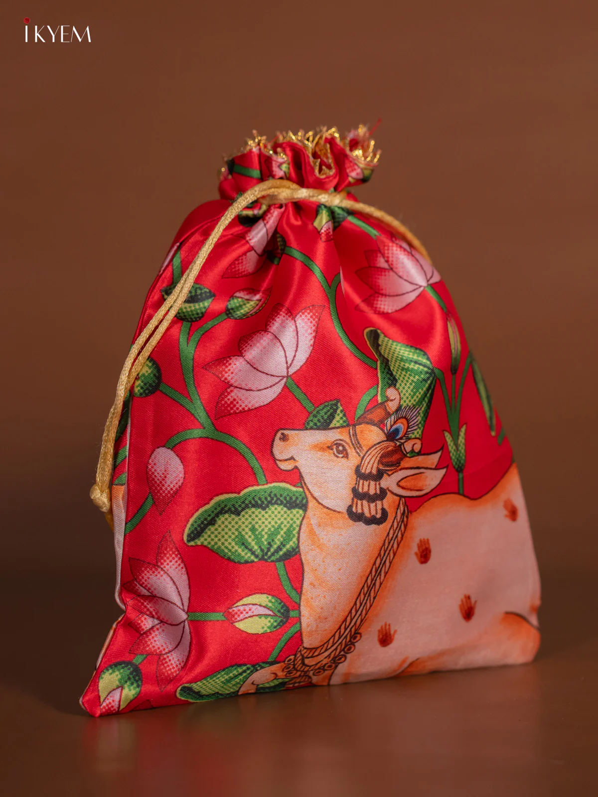 Cow & Red Lotus Potli Bag - Red - KJ11175 - Image 2