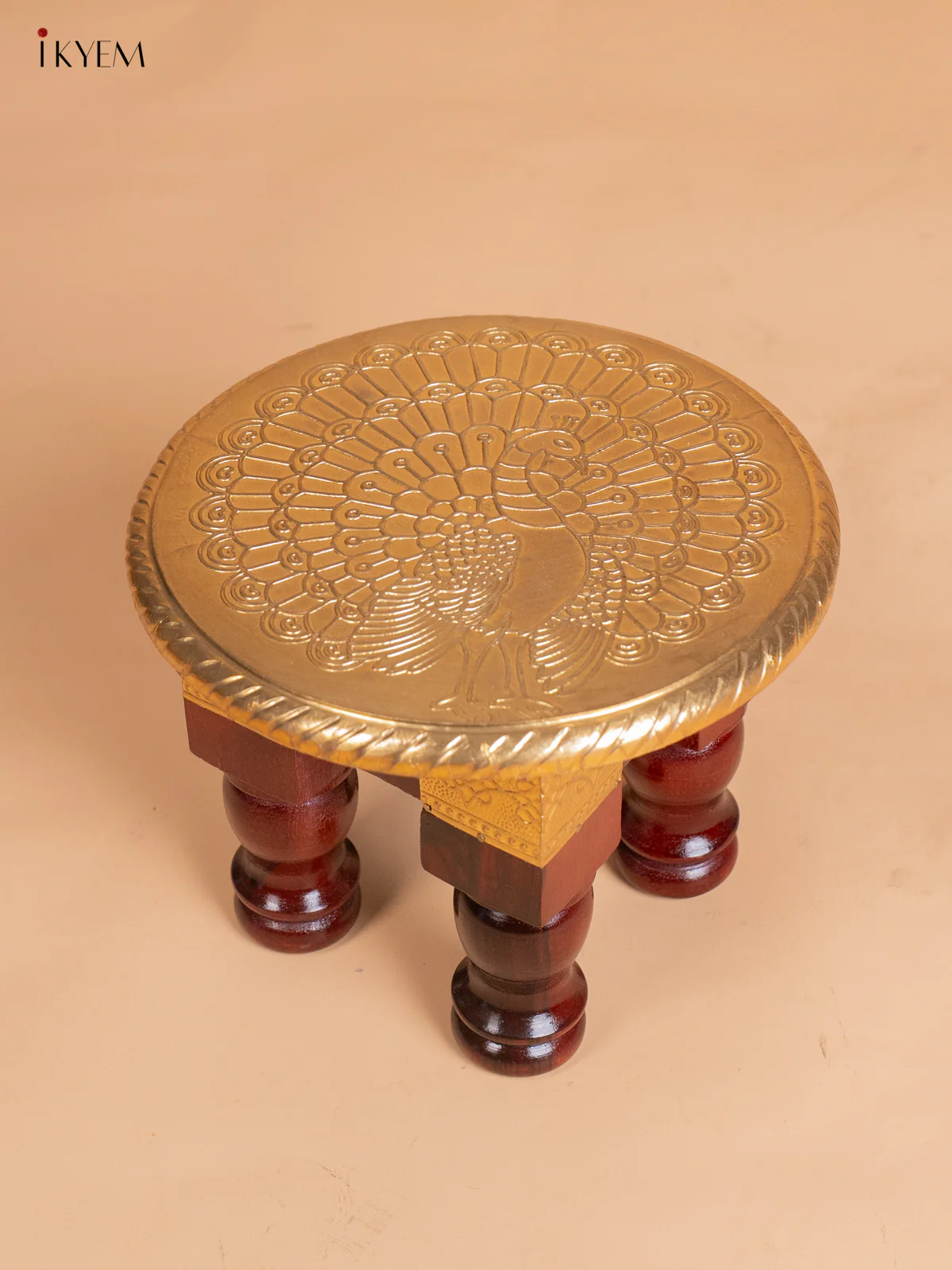 Peacock Design Brass Fitted Round Wooden Stool - 8 Inches - KJ13112