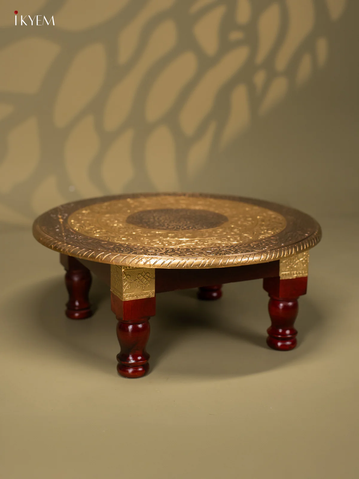 Brass Fitted Round Wooden Stool - 15 Inch - KJ13127