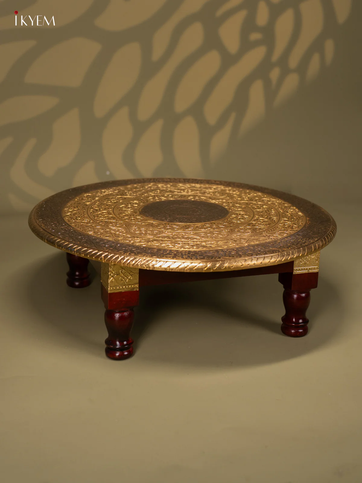 Brass Fitted Round Wooden Stool - 18 Inch - KJ13128