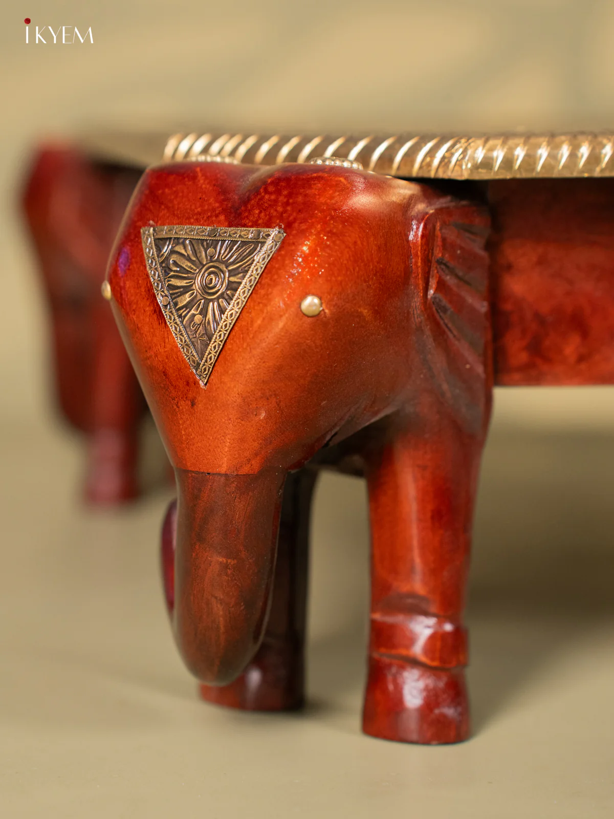 Brass Fitted Wooden Stool With Elephnat - (20×20) Inch - KJ13133 - Image 2