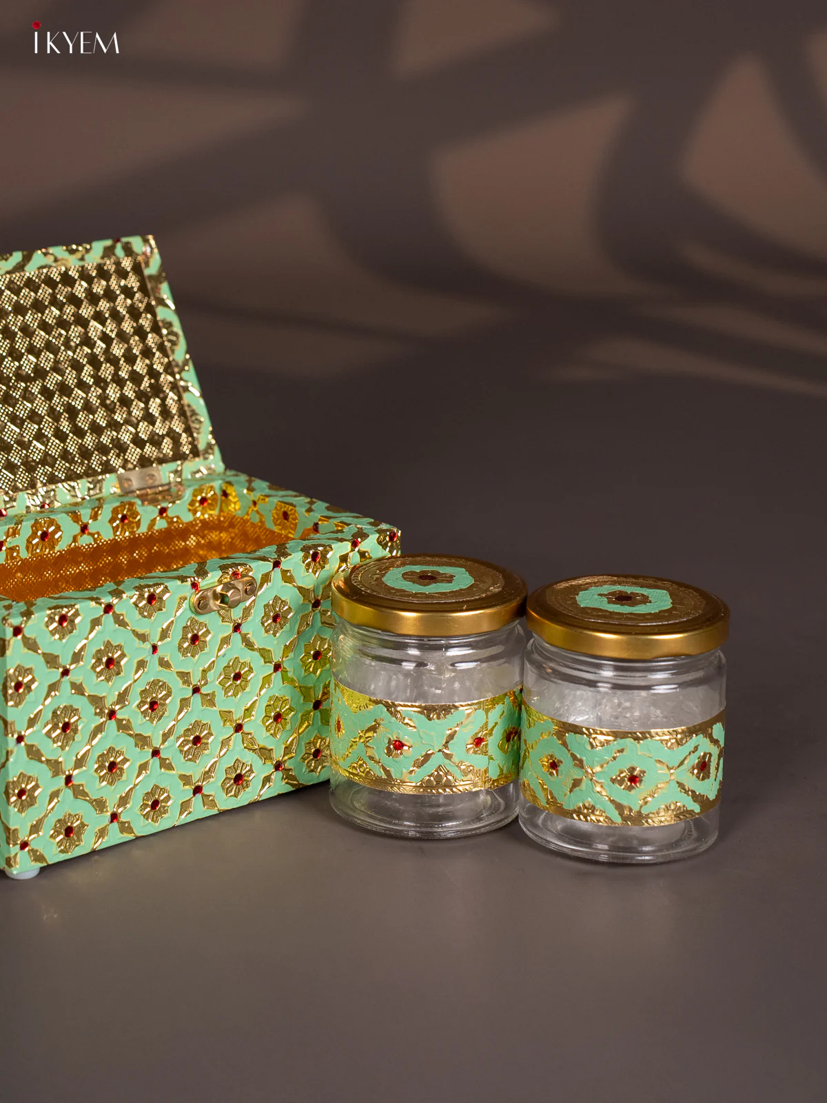 Meenakari Wooden Dry Fruit Box with 2 Glass Jar - Pista Green - KJ13141 - Image 3