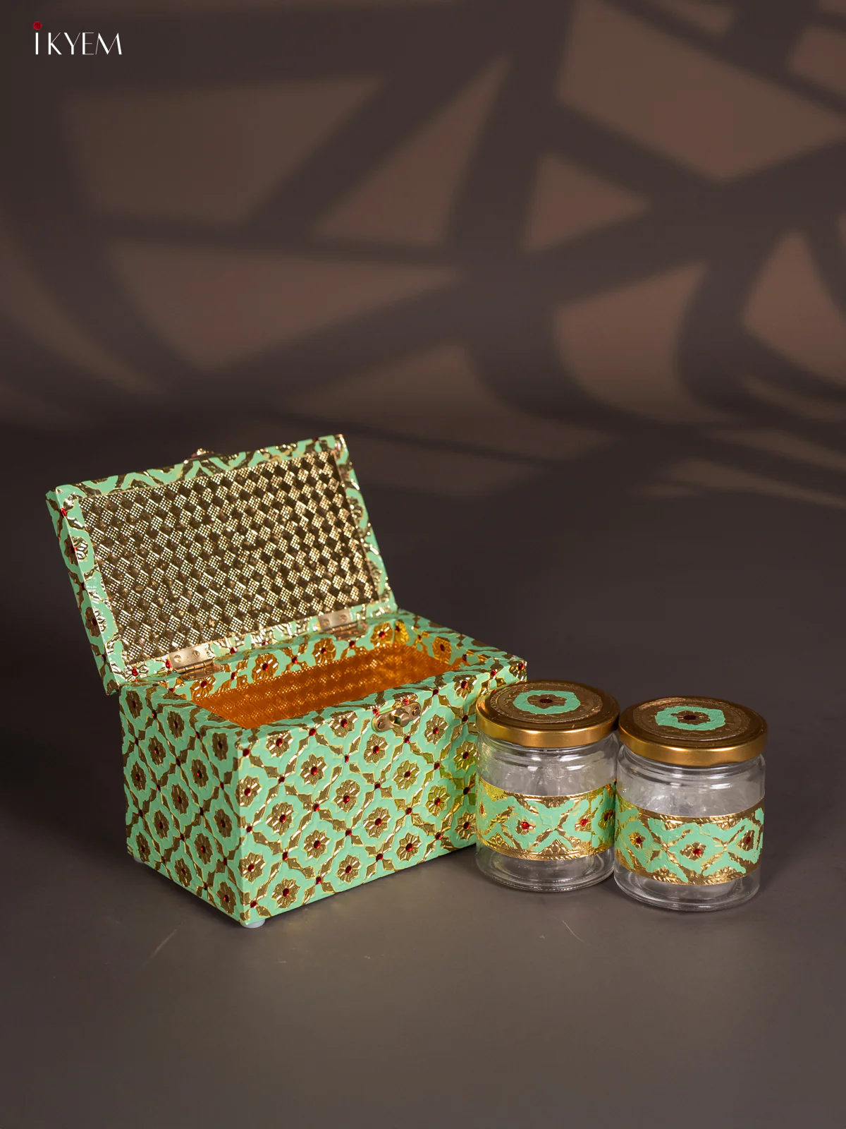Meenakari Wooden Dry Fruit Box with 2 Glass Jar - Pista Green - KJ13141 - Image 4
