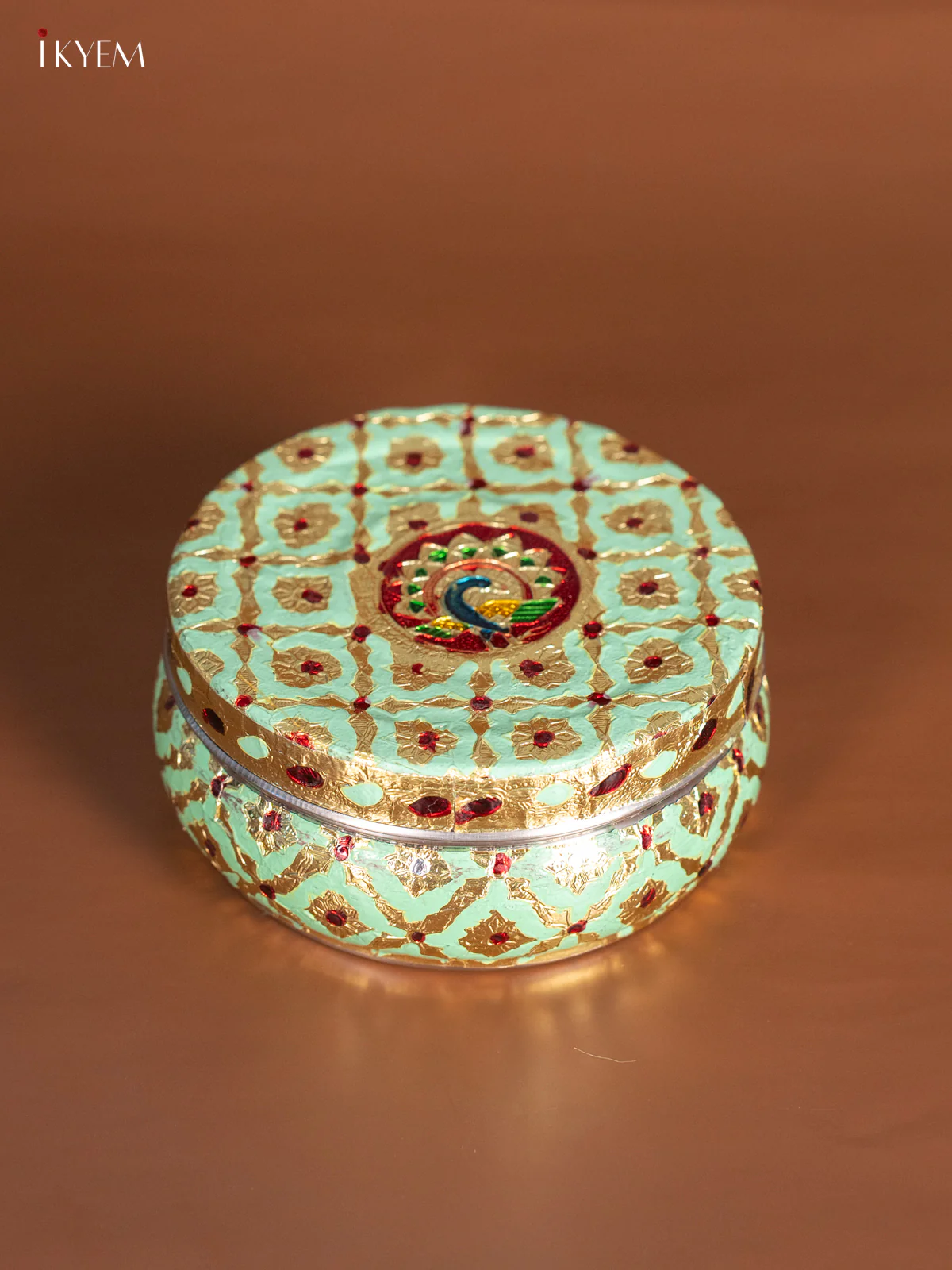 Oxidised Pista Green colour steel box With Meenakari Design - 5 Inch - KJ15111