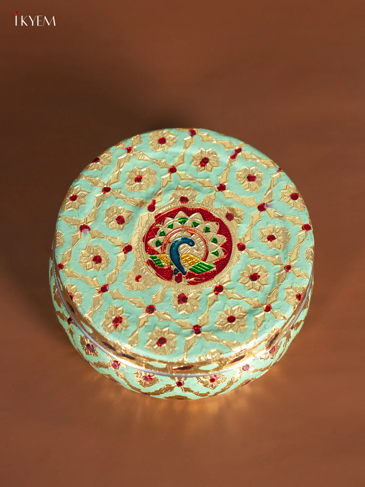 Oxidised Pista Green colour steel box With Meenakari Design - 5 Inch - KJ15111 - Image 3