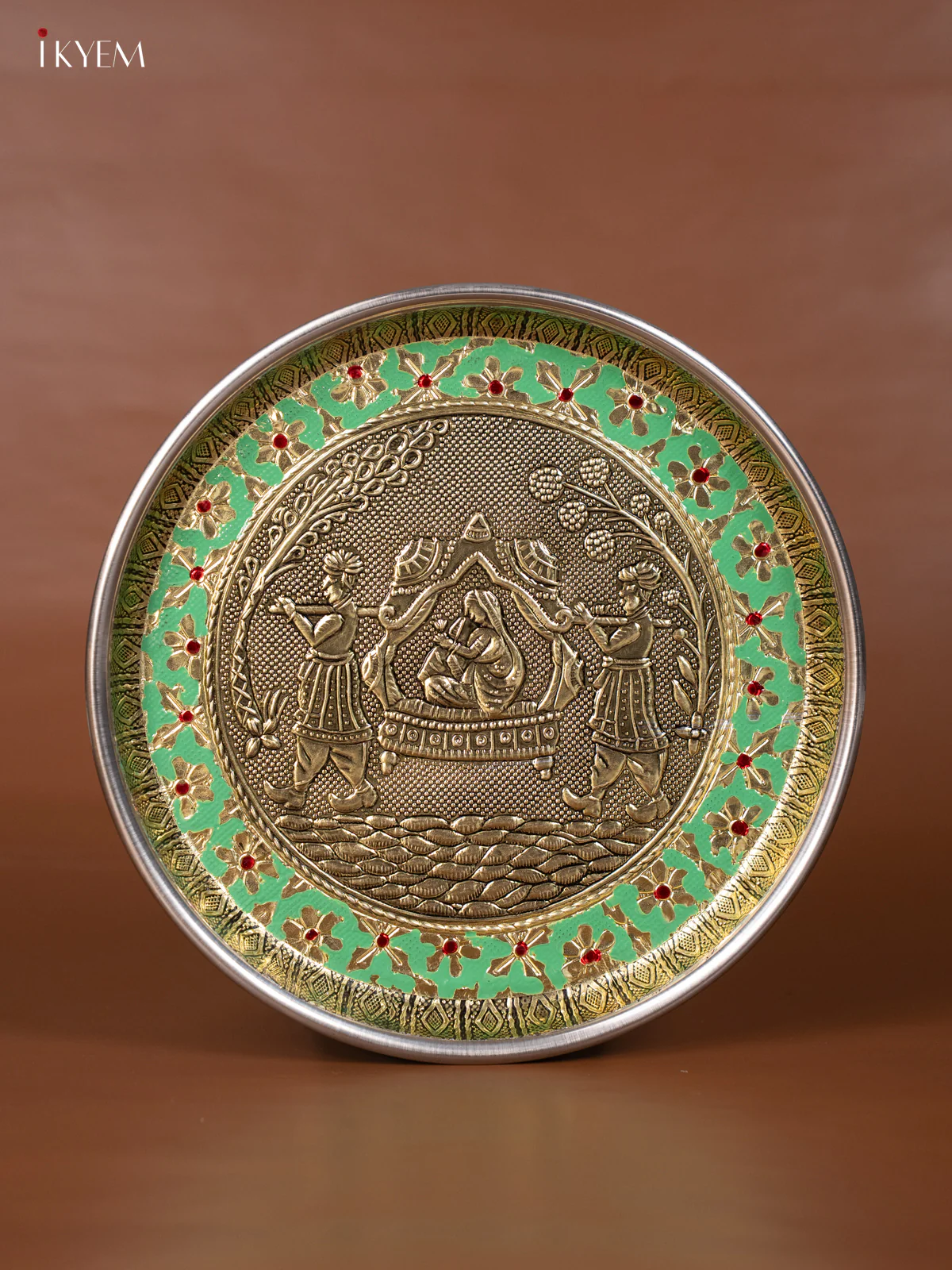 Green Meenakari Plate with Oxidized Pallakku Design - 8 Inches - KJ17112