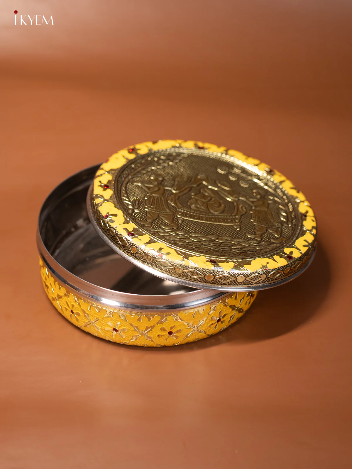 Yellow Meenakari Box with Oxidized Pallakku Design 7 Inches - KJ17115 - Image 2