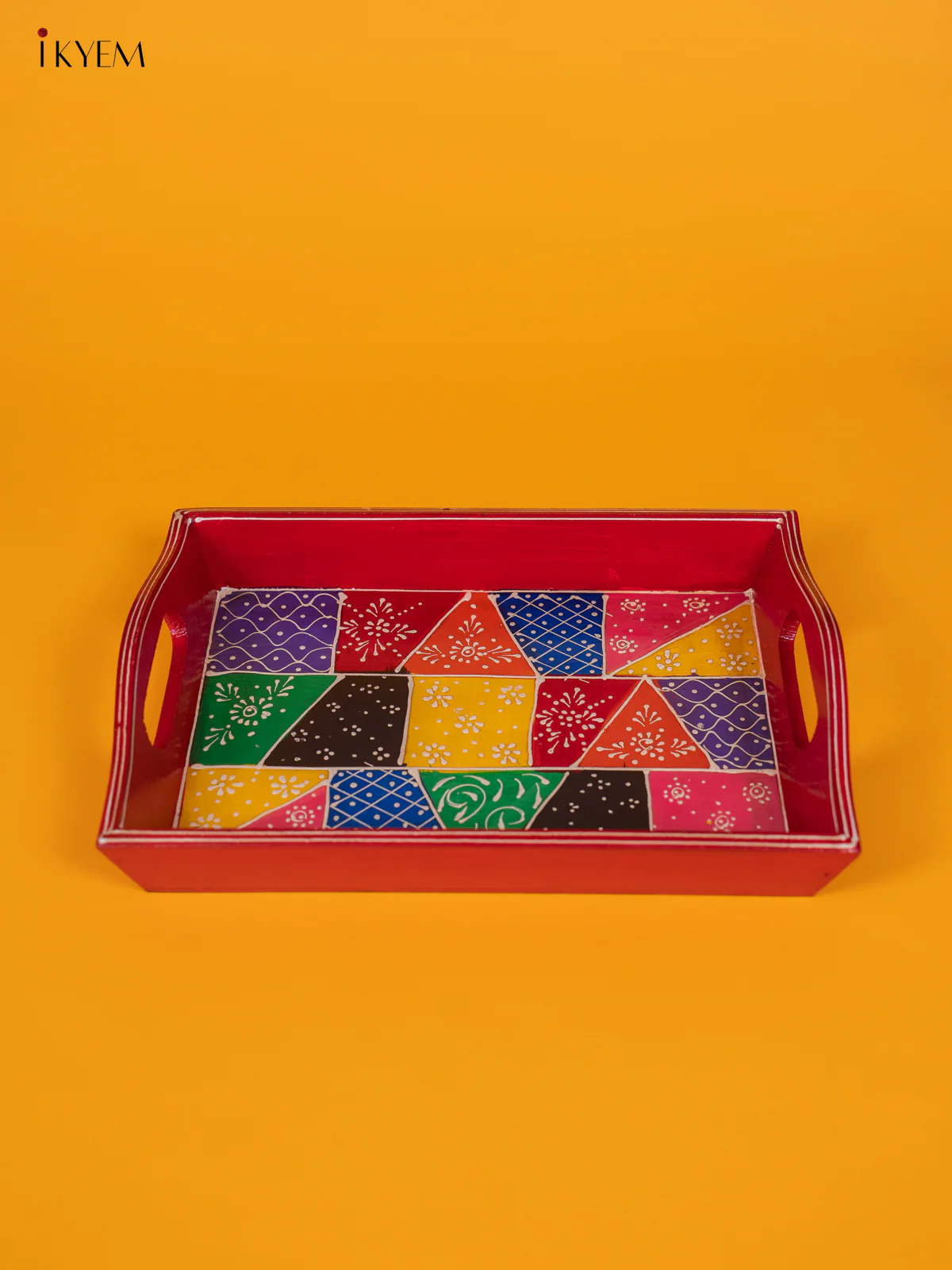 Hand Painted Rajasthan Art Wooden Tray - Red - KJ17117