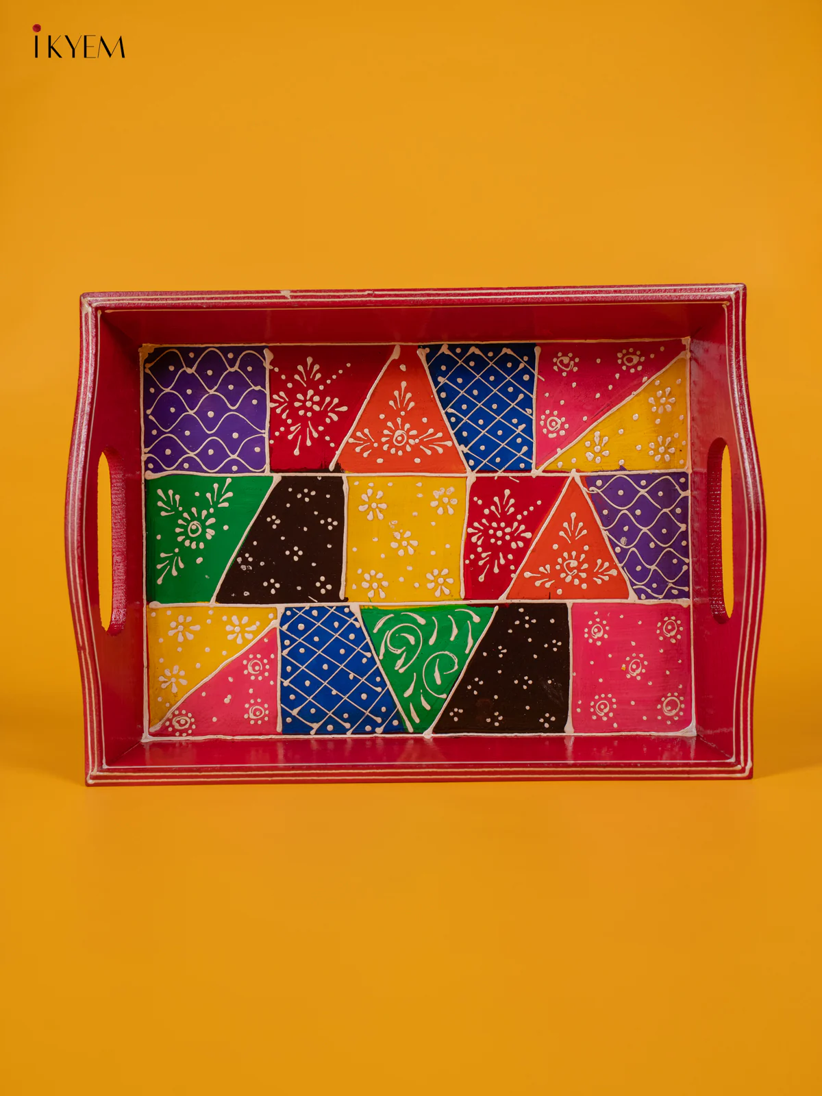 Hand Painted Rajasthan Art Wooden Tray - Red - KJ17117 - Image 2