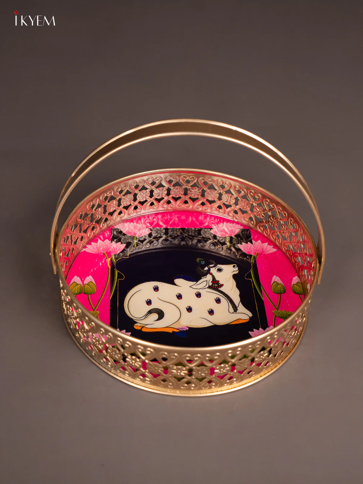 Pichwai Cow Digital Printed Metal Flower Basket - Pink - KJ18113