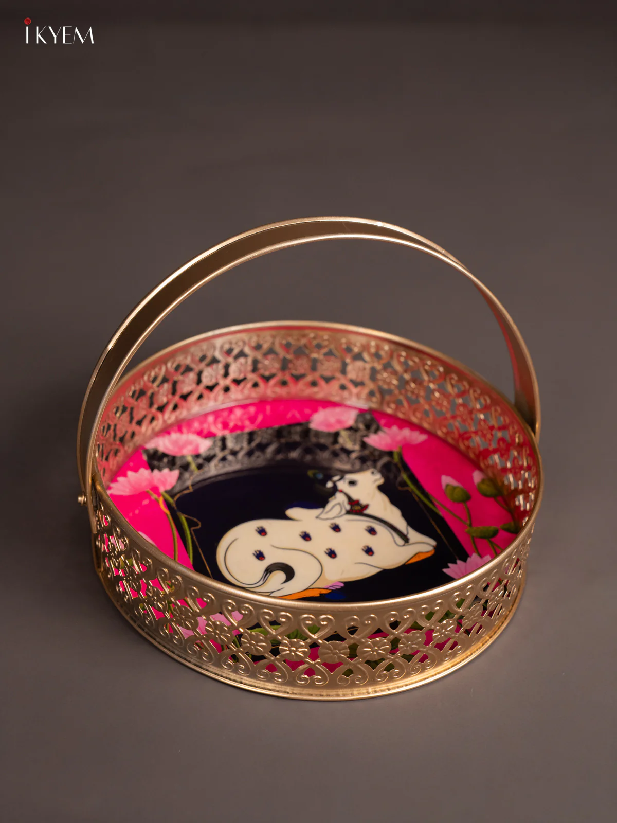 Pichwai Cow Digital Printed Metal Flower Basket - Pink - KJ18113 - Image 3