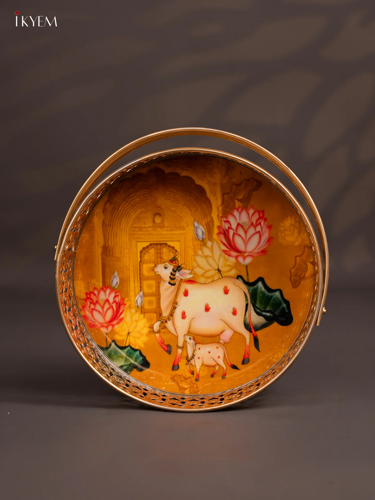Pichwai Cow & Calf Digital Printed Metal Flower Basket - Yellow - KJ18119 - Image 4