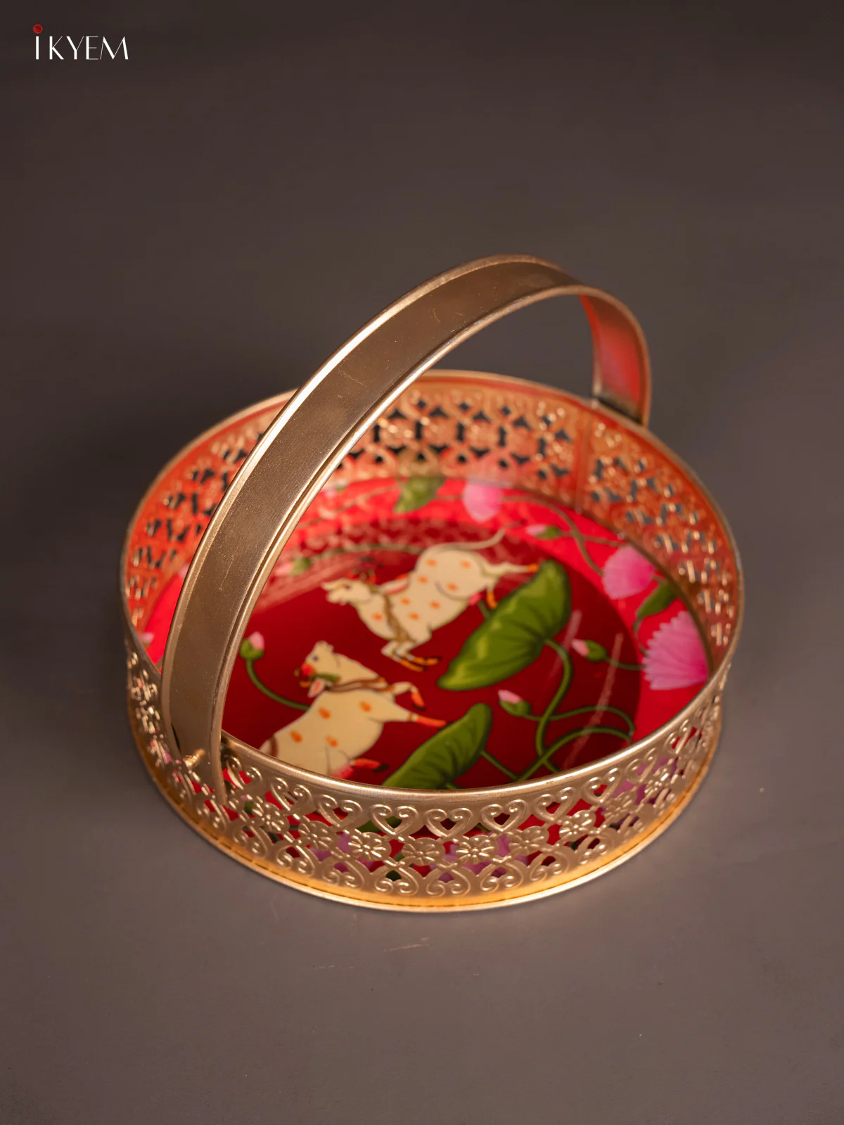 Pichwai Dual Cow Digital Printed Metal Flower Basket - Pink - KJ18121 - Image 3