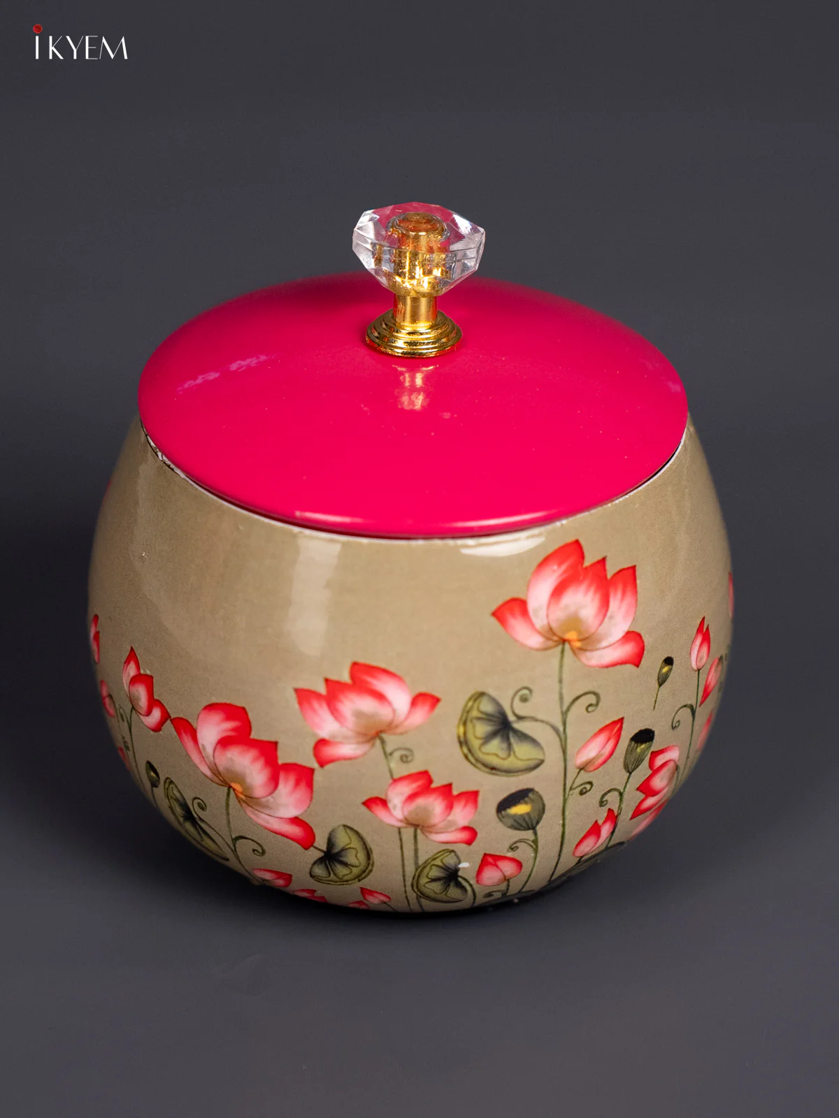 Pichwai Lotus Digital Printed Metal Jar -4 Inch - Mehandi Green - KJ18126