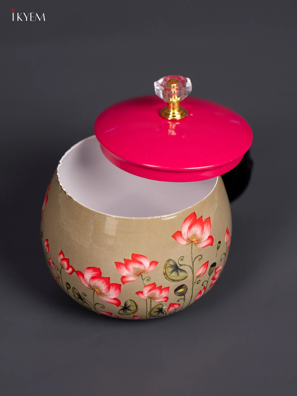 Pichwai Lotus Digital Printed Metal Jar -4 Inch - Mehandi Green - KJ18126 - Image 2