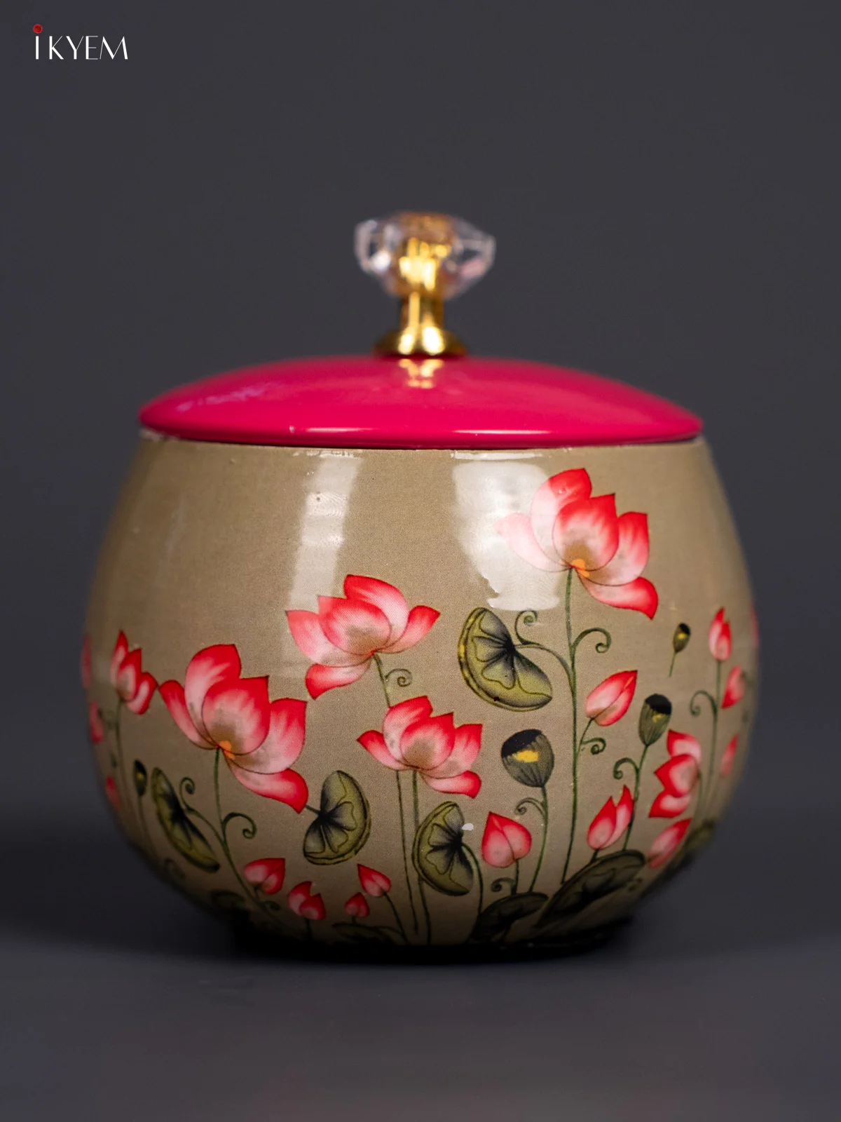 Pichwai Lotus Digital Printed Metal Jar -4 Inch - Mehandi Green - KJ18126 - Image 3