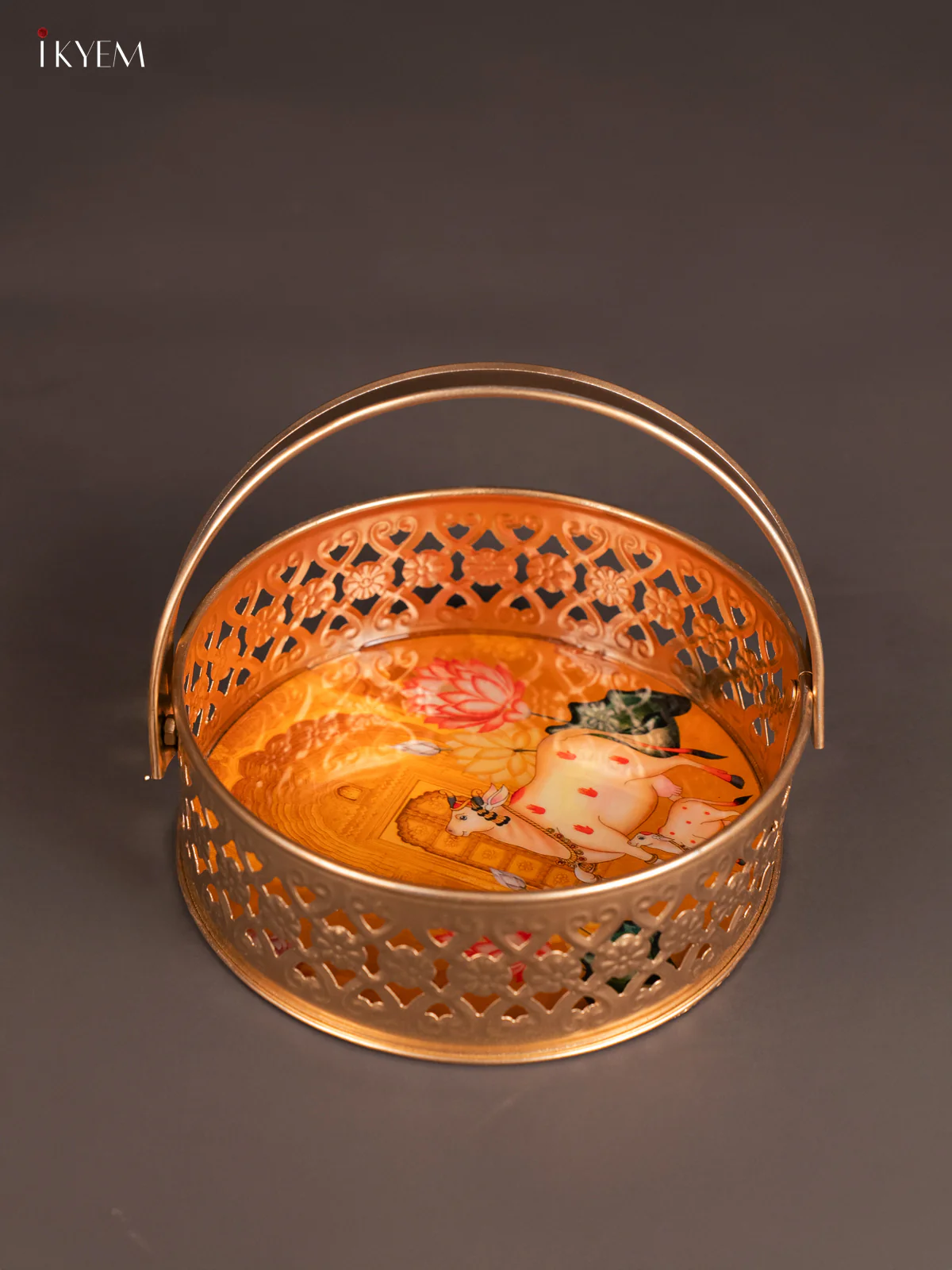 Pichwai Cow & Calf Digital Printed Metal Flower Basket - Yellow - 6 Inch - KJ18141