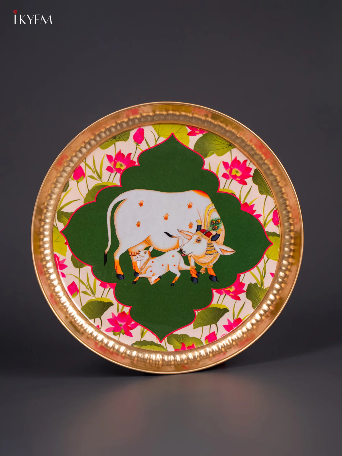 Cow & Calf with Lotus Digital Printed Metal Plate - Green - KJ21132