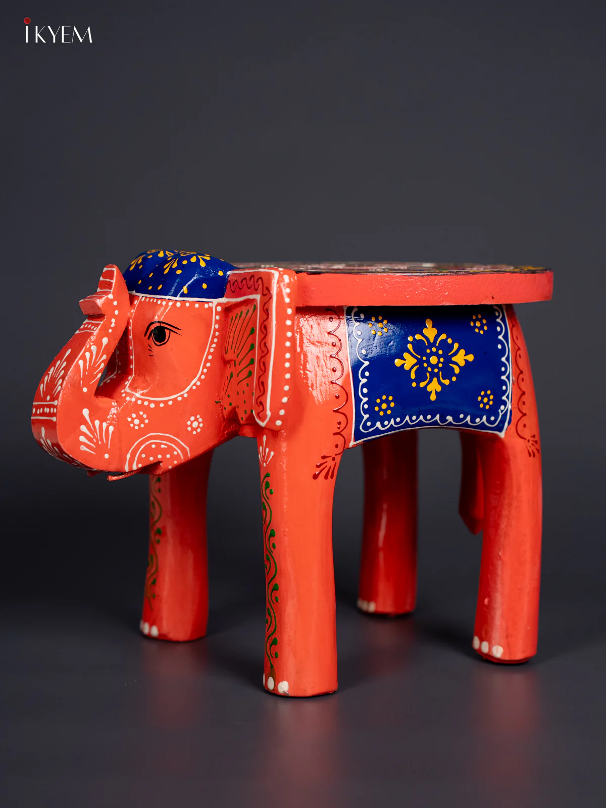 Hand-Painted Wooden Elephant Stool - Peach - 8 Inches - KJ21133