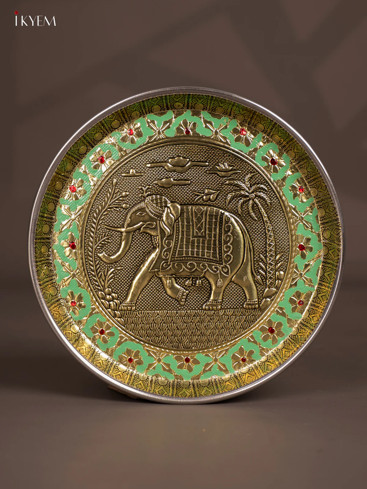 Green Meenakari Plate with Oxidized Elephant Design - 8 Inches - KJ27122