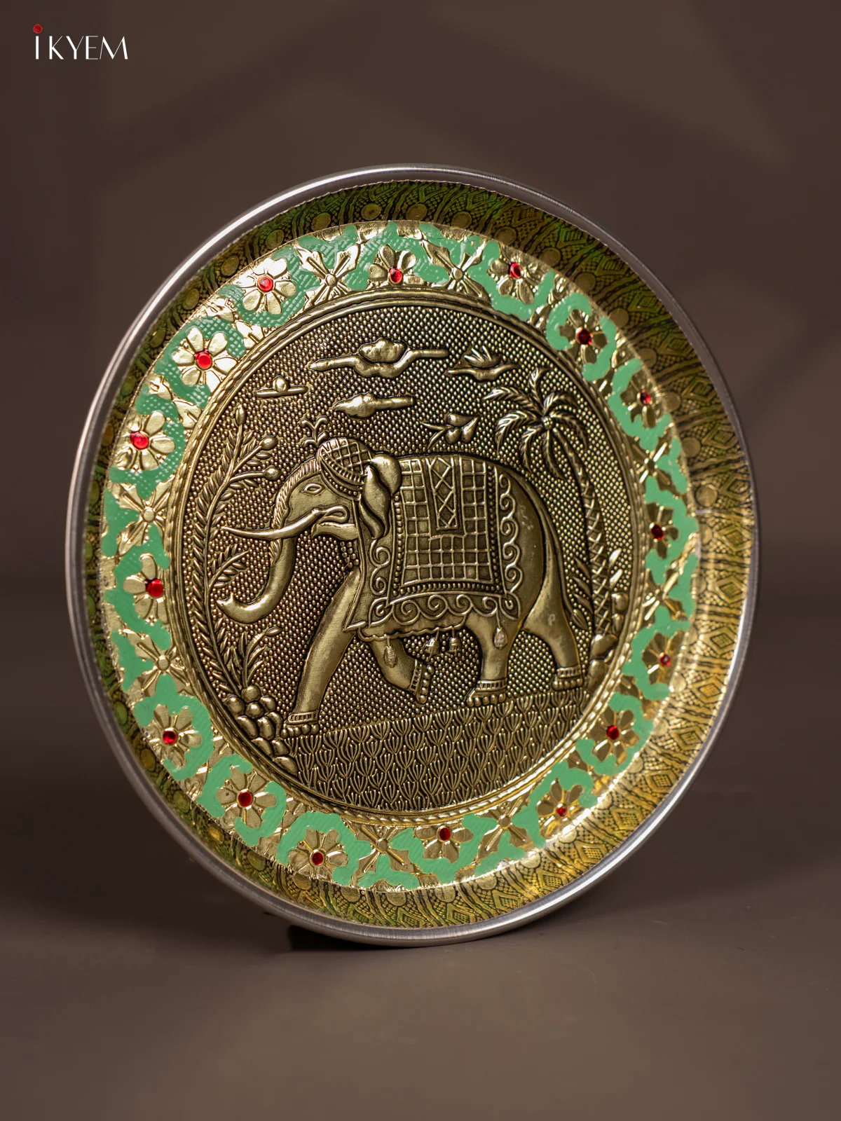 Green Meenakari Plate with Oxidized Elephant Design - 8 Inches - KJ27122 - Image 3