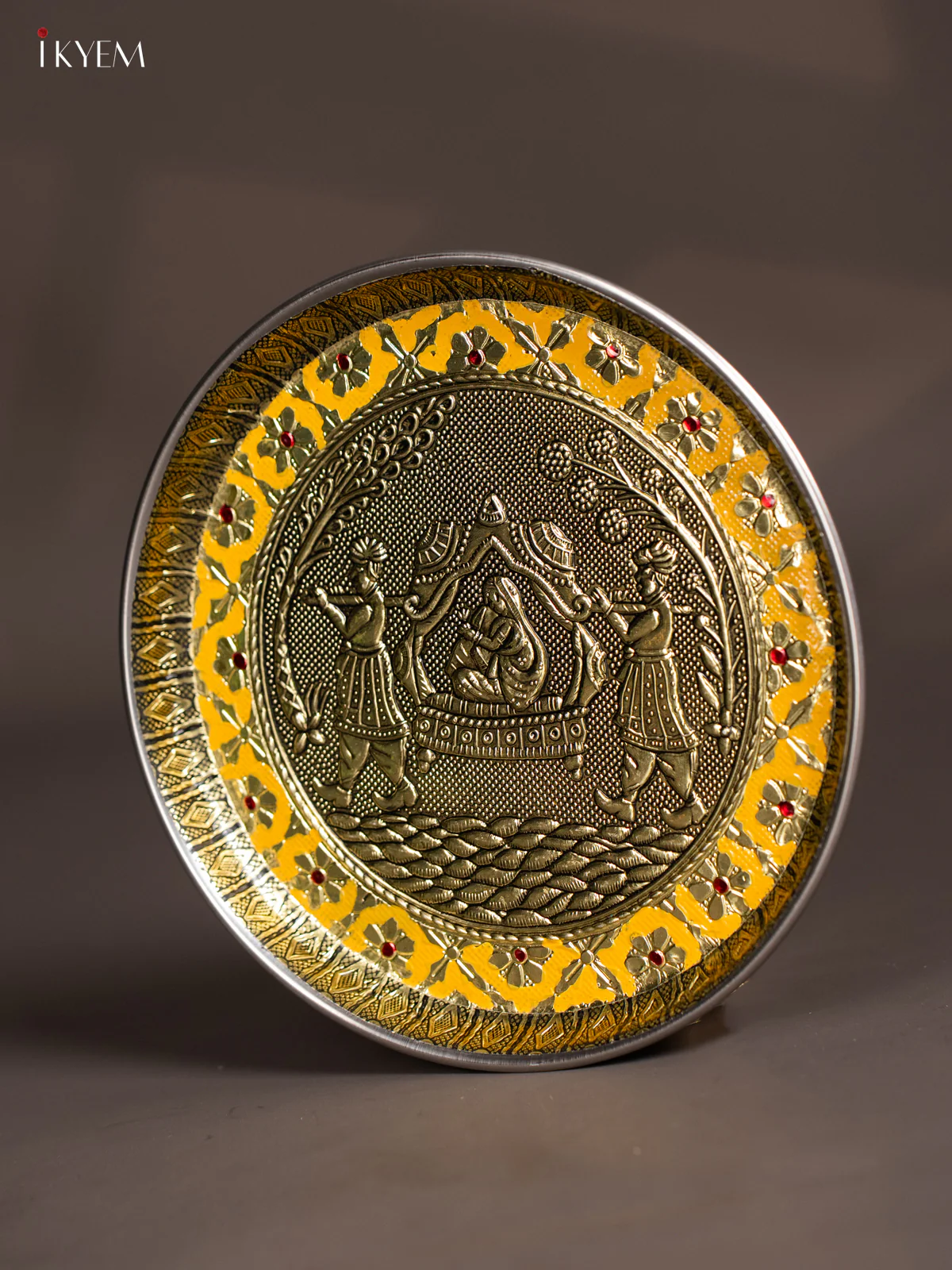 Yellow Meenakari Plate with Oxidized Pallakku Design - 8 Inches - KJ27124 - Image 3