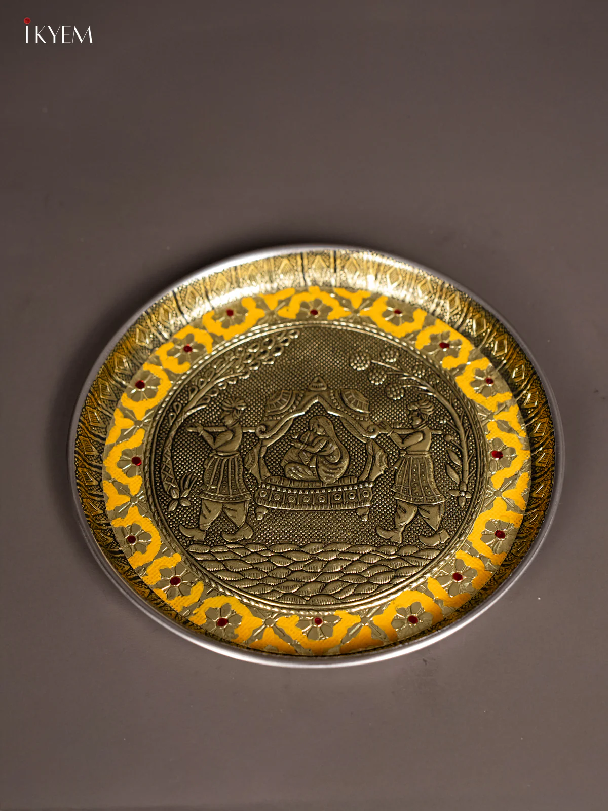 Yellow Meenakari Plate with Oxidized Pallakku Design - 8 Inches - KJ27124 - Image 4