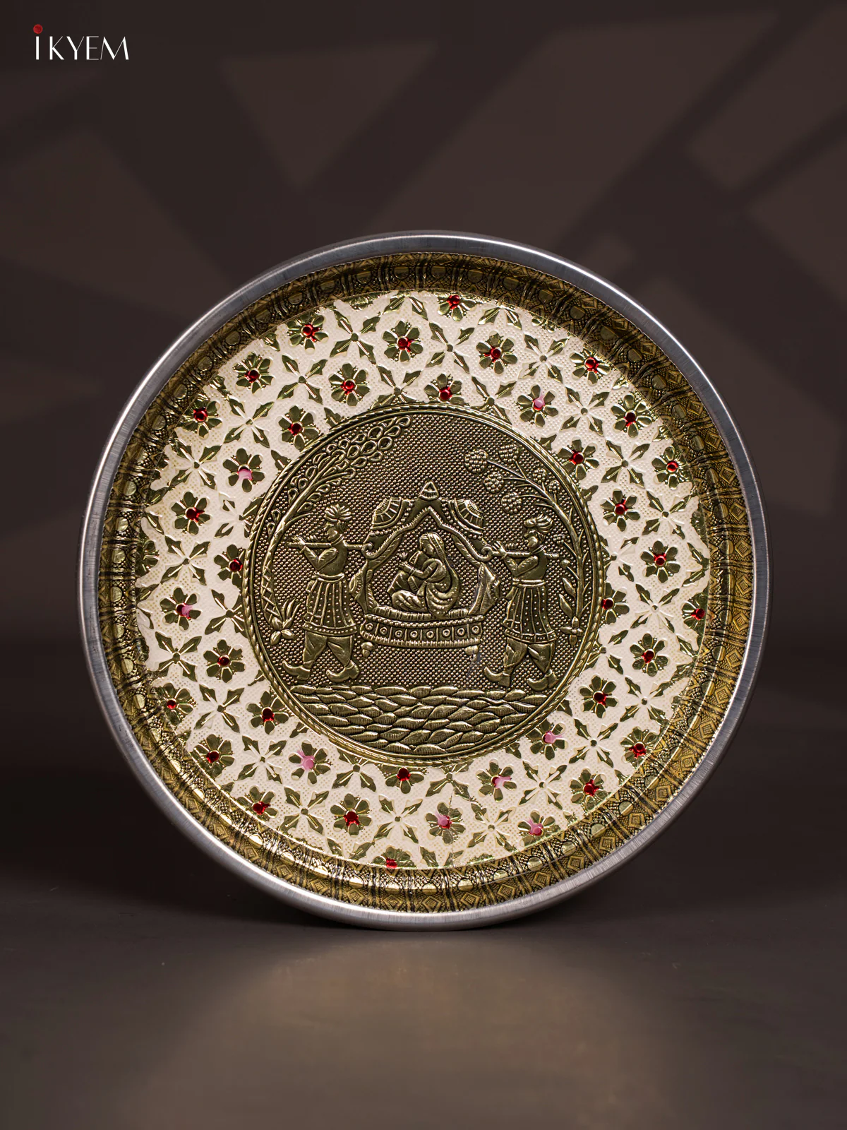 White Meenakari Plate with Oxidized Pallakku Design - 11 Inch - KJ27126