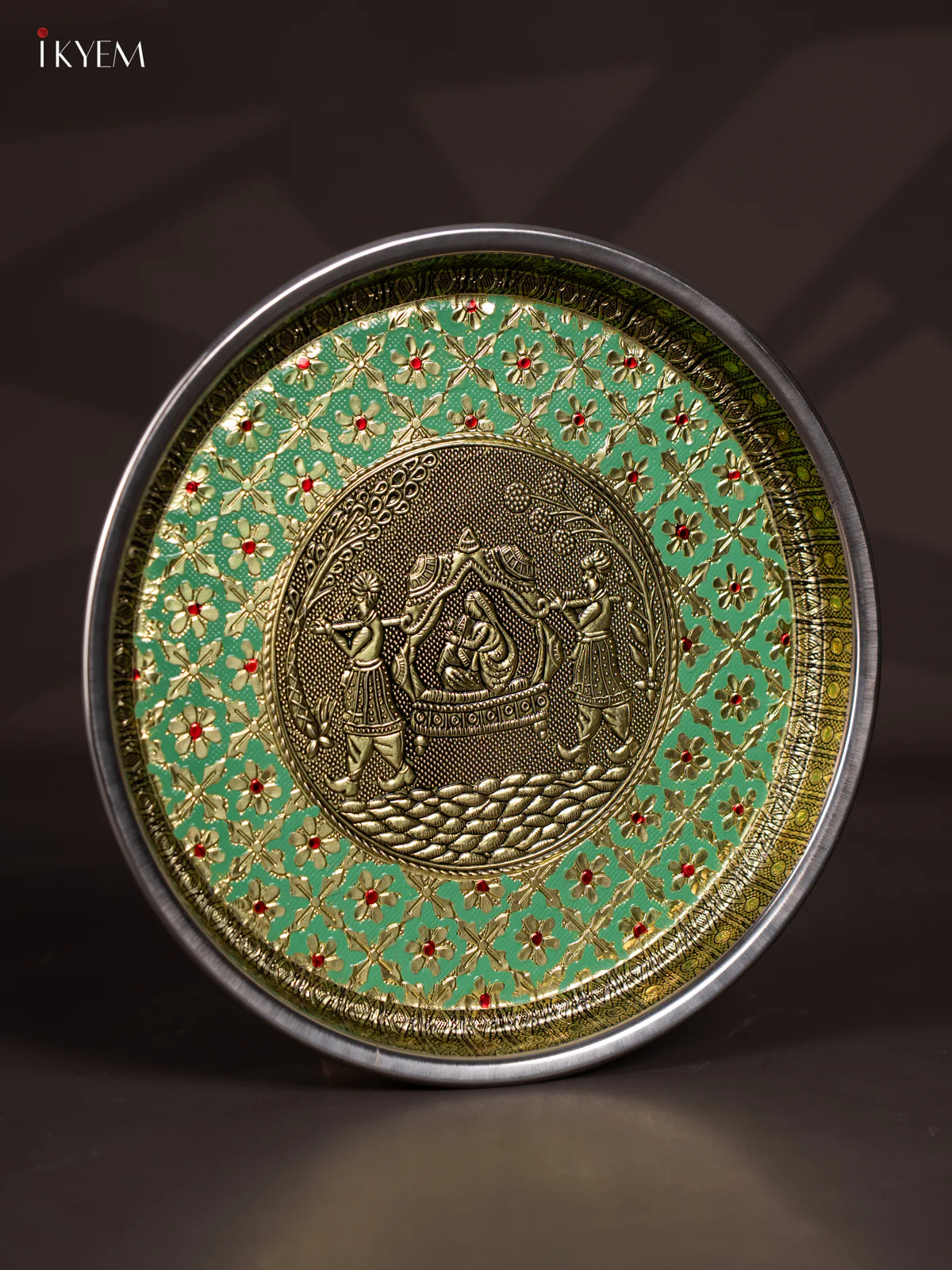 Green Meenakari Plate with Oxidized Pallakku Design - 11 Inch - KJ27127 - Image 2
