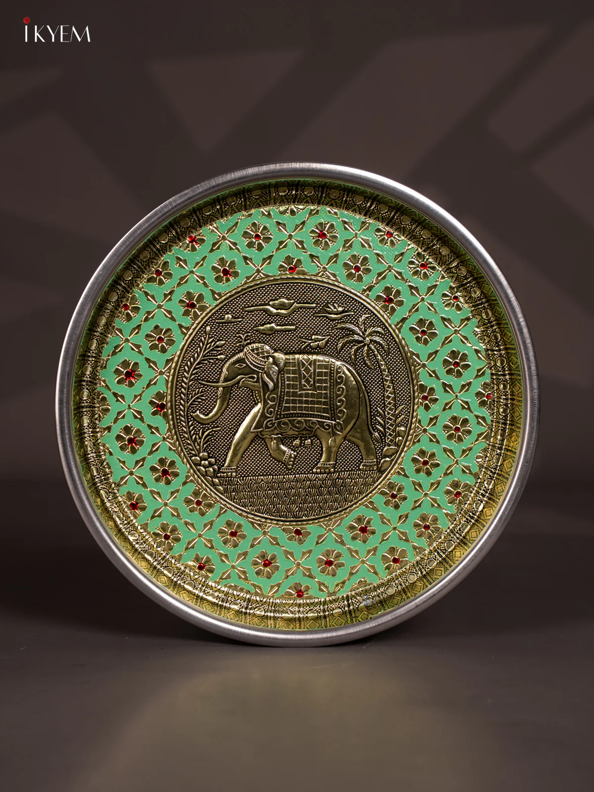 Green Meenakari Plate with Oxidized Elephant Design - 11 Inch - KJ27128