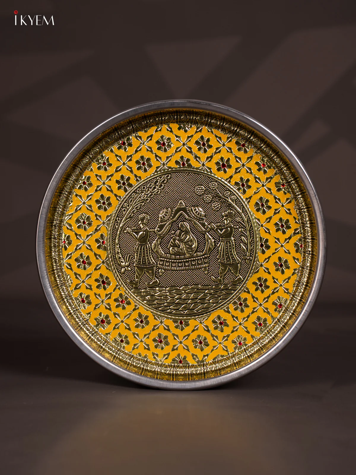 Yellow Meenakari Plate with Oxidized Pallakku Design - 11 Inch - KJ27129