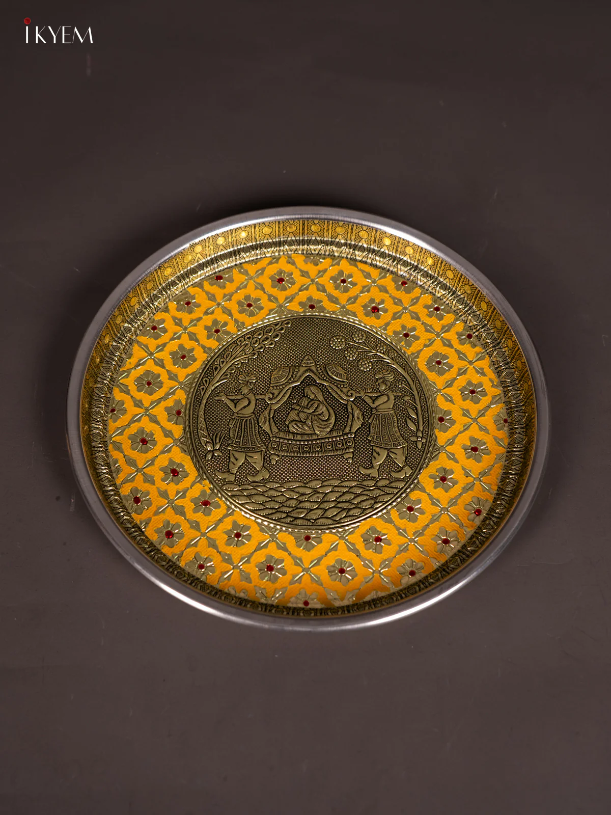 Yellow Meenakari Plate with Oxidized Pallakku Design - 11 Inch - KJ27129 - Image 3