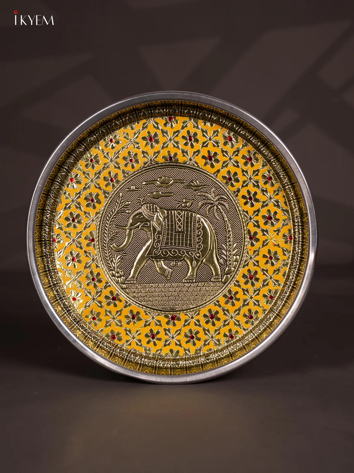 Yellow Meenakari Plate with Oxidized Elephant Design - 11 Inch - KJ27130