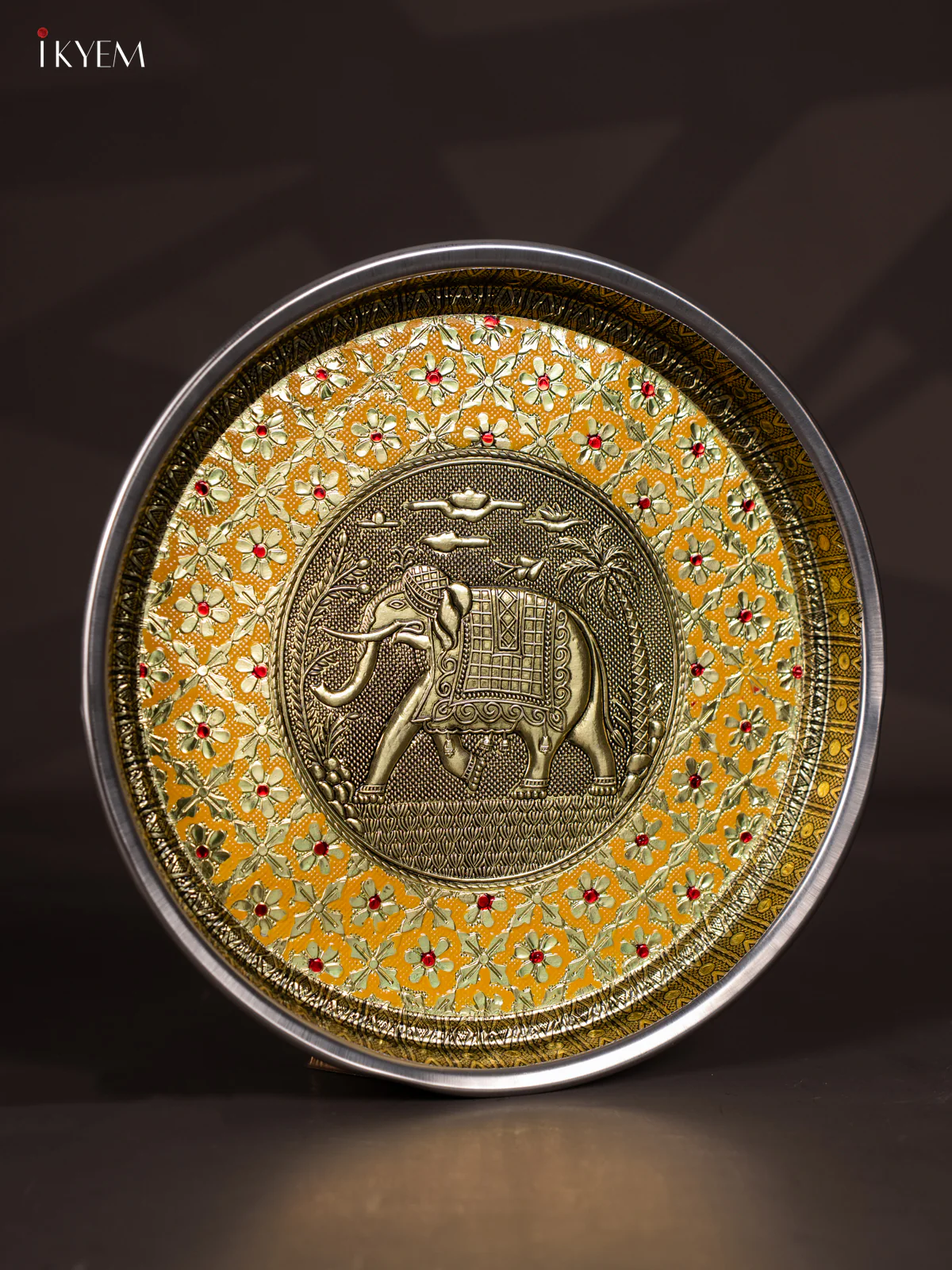 Yellow Meenakari Plate with Oxidized Elephant Design - 11 Inch - KJ27130 - Image 2