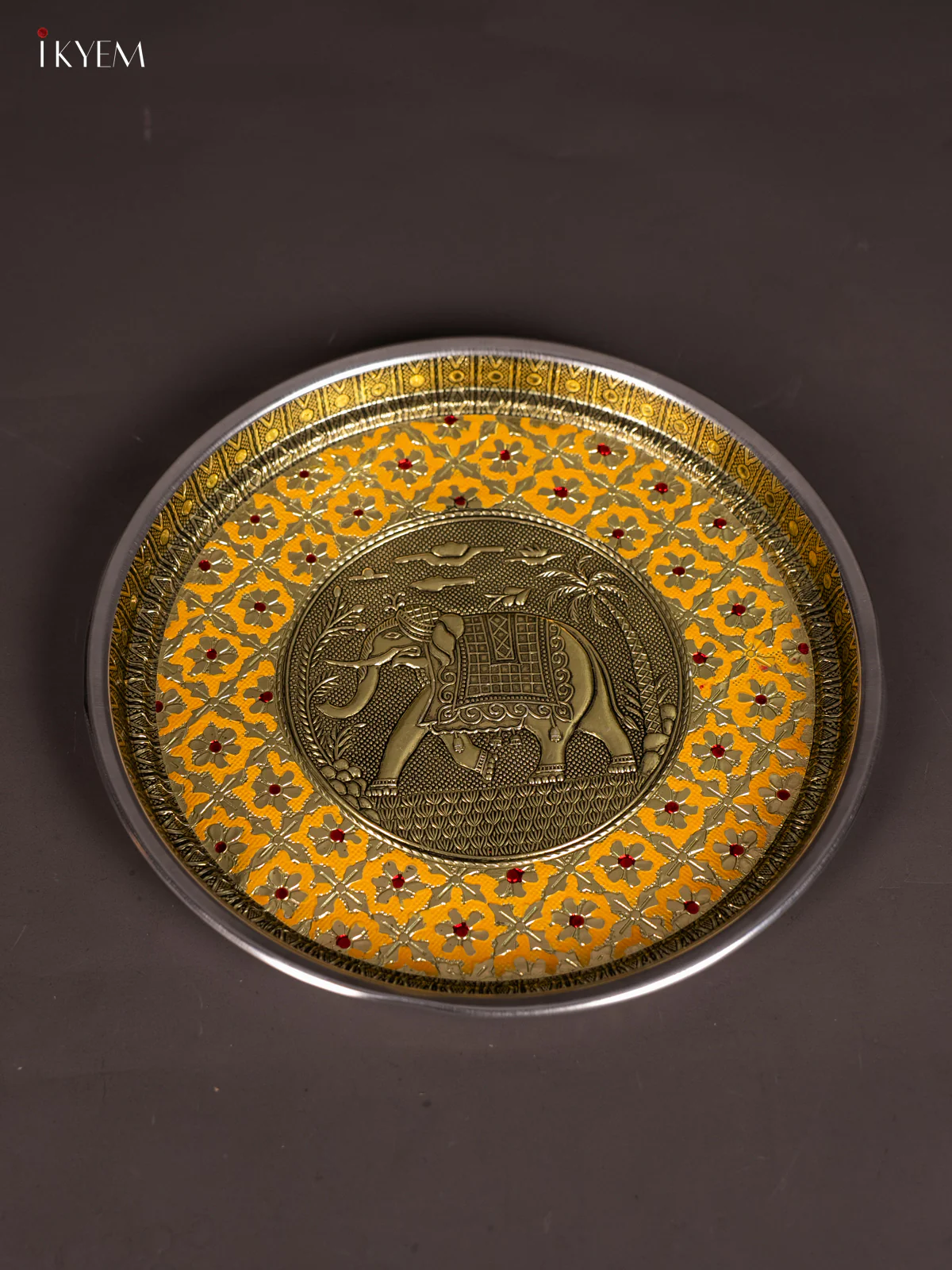 Yellow Meenakari Plate with Oxidized Elephant Design - 11 Inch - KJ27130 - Image 3