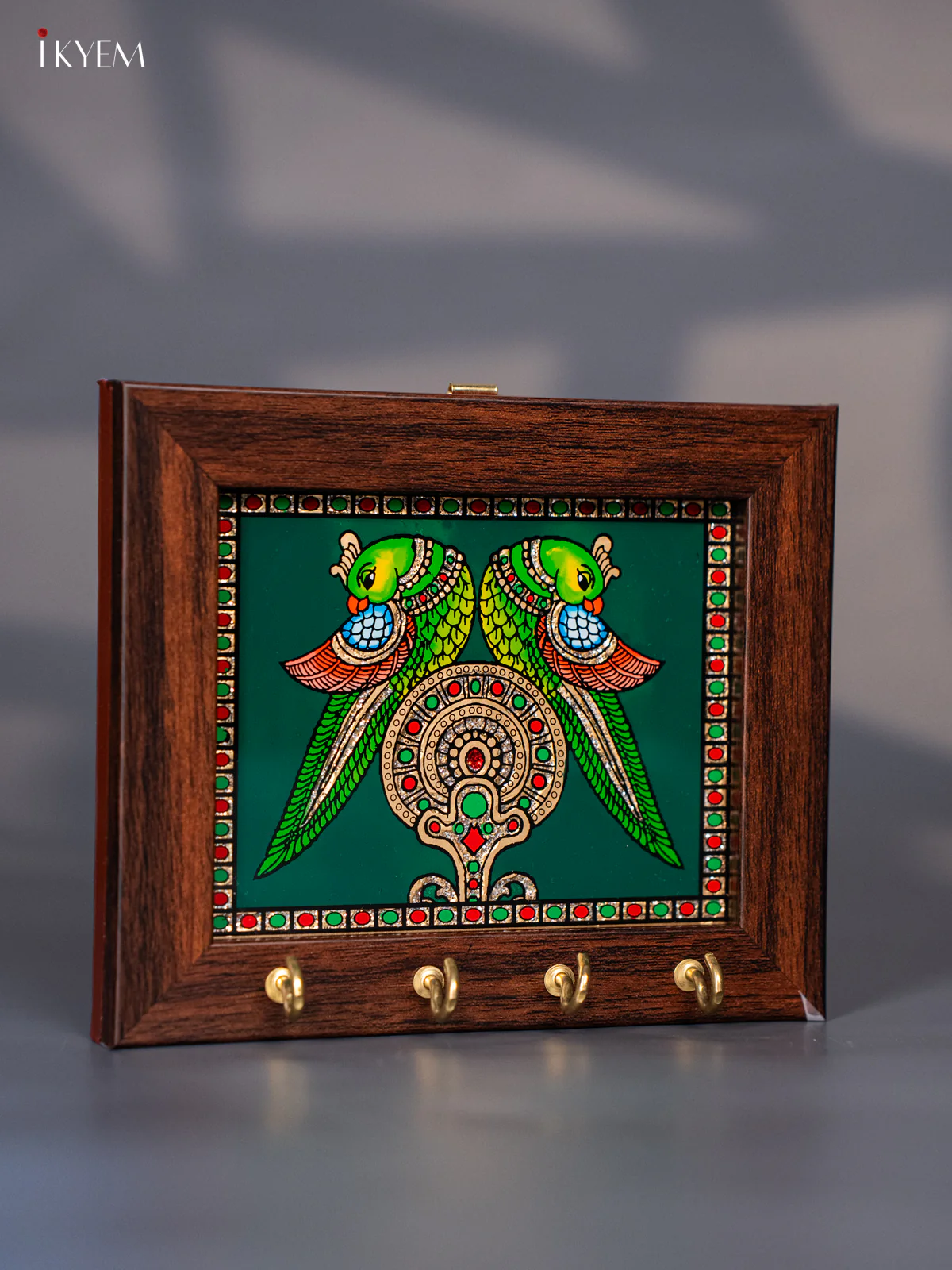 Green Reverse Glass Painted Keyhanger Twin Parrots - (5x6) Inches - KJ27131 - Image 2