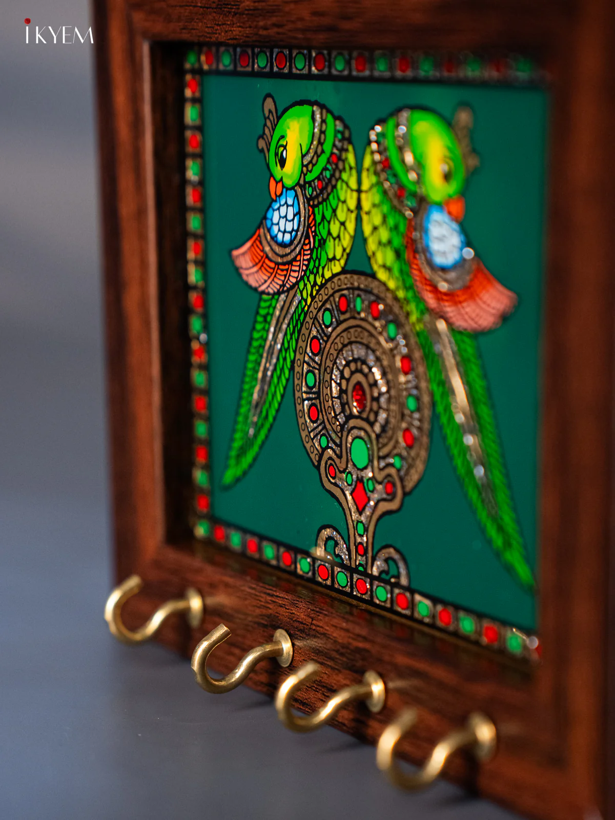 Green Reverse Glass Painted Keyhanger Twin Parrots - (5x6) Inches - KJ27131 - Image 3