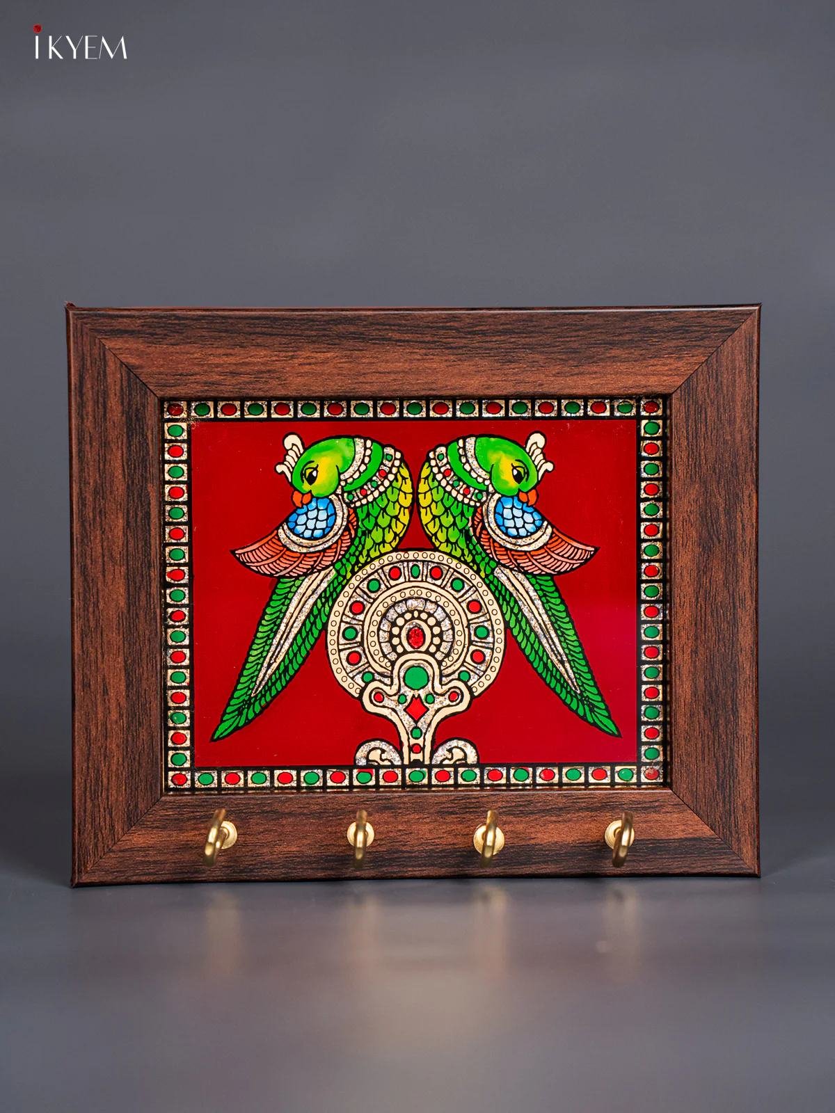 Maroon Reverse Glass Painted Keyhanger Twin Parrots - (5x6) Inches - KJ27134