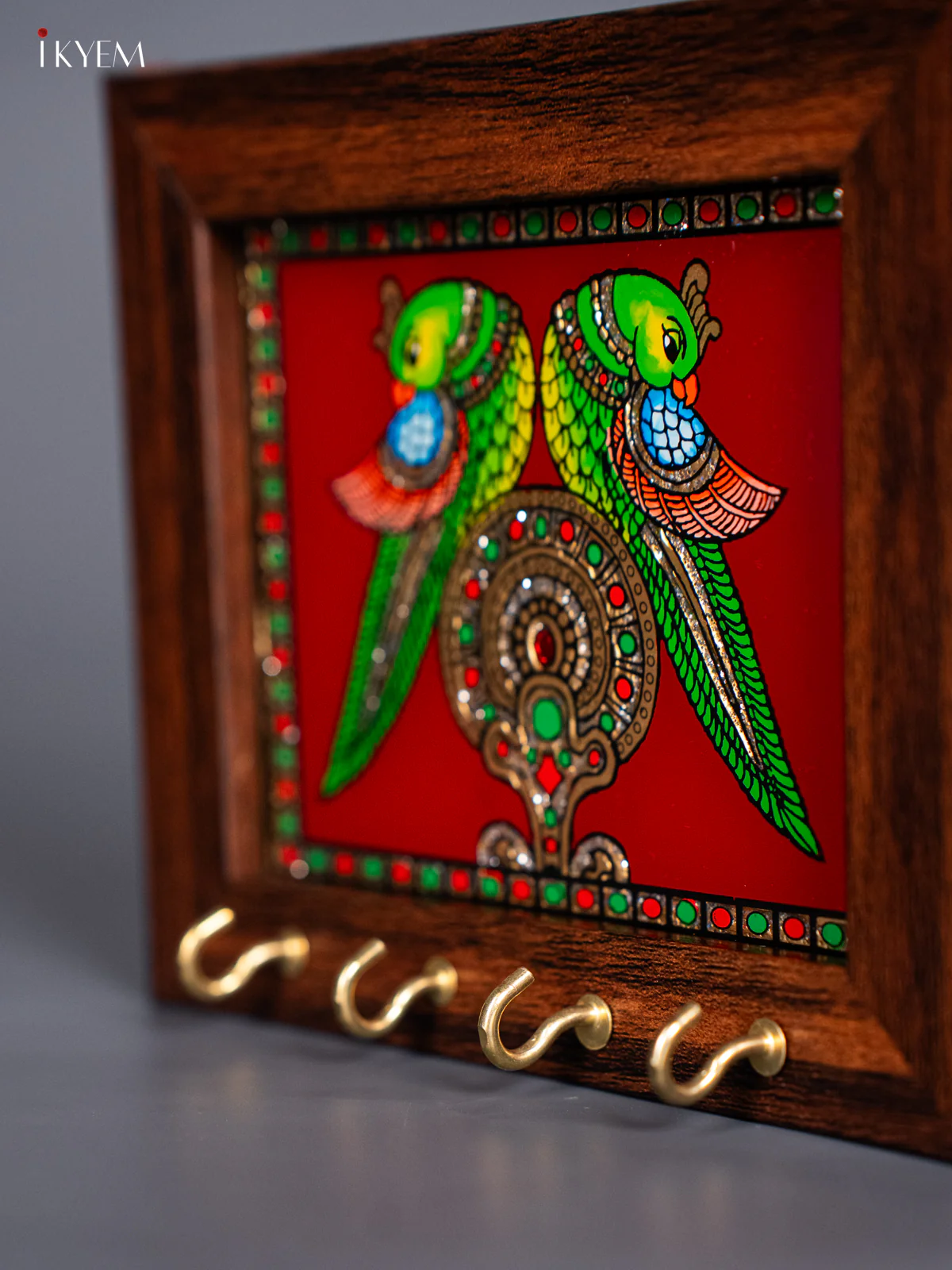 Maroon Reverse Glass Painted Keyhanger Twin Parrots - (5x6) Inches - KJ27134 - Image 3