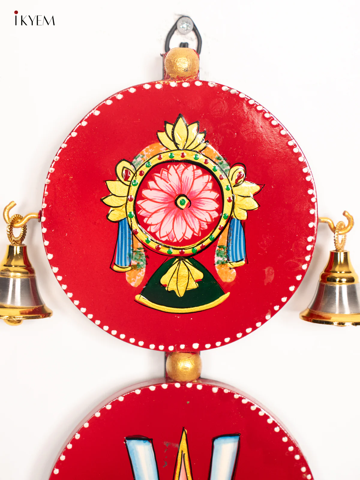 Red Hand-Painted Wooden Sangu Chakram Namam Wall Hanging - 18 Inches - KJ30111 - Image 5