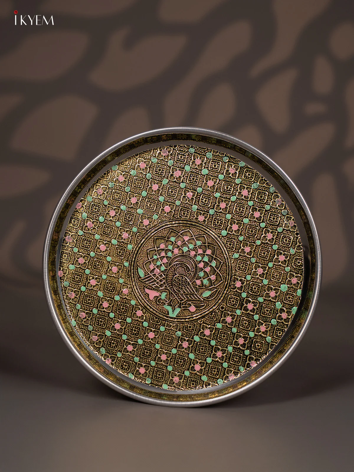 Peacock Design Oxidized Meenakari Plate - 9 Inch - KJ30112