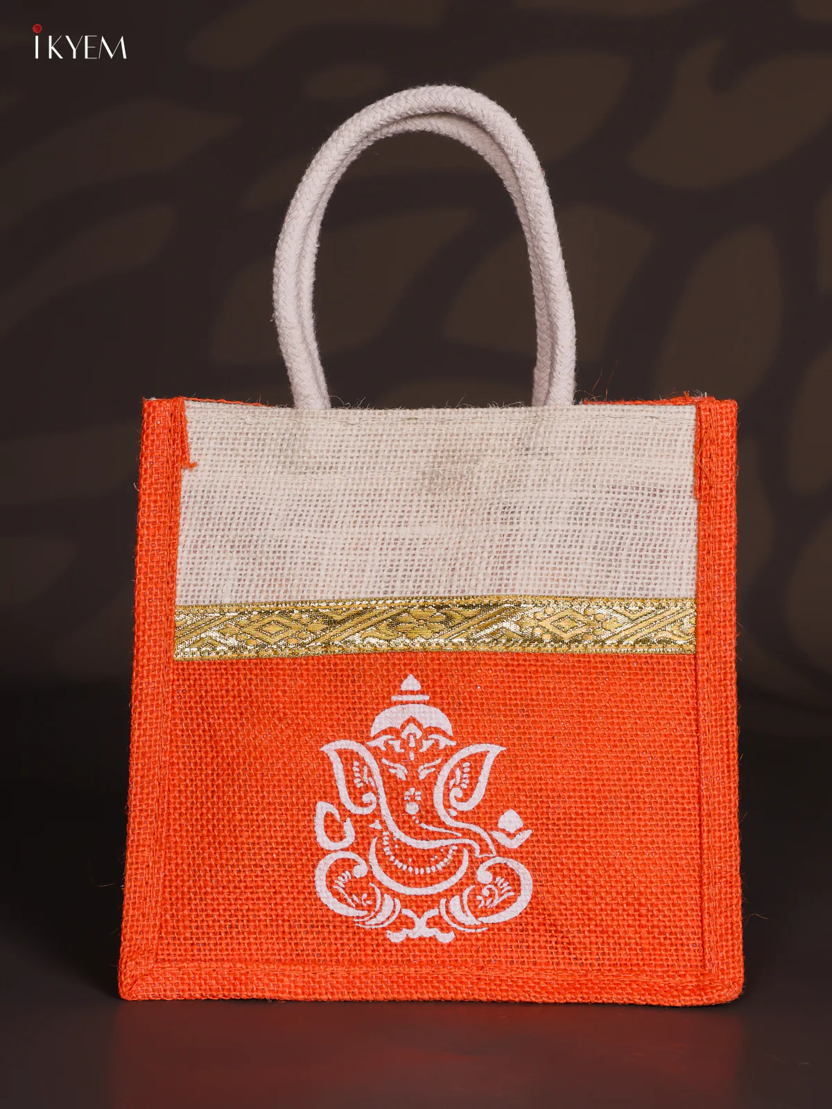 Orange & Beige Ganesha Printed Jute Bag with Zari border - 8 Inch - KJ30115