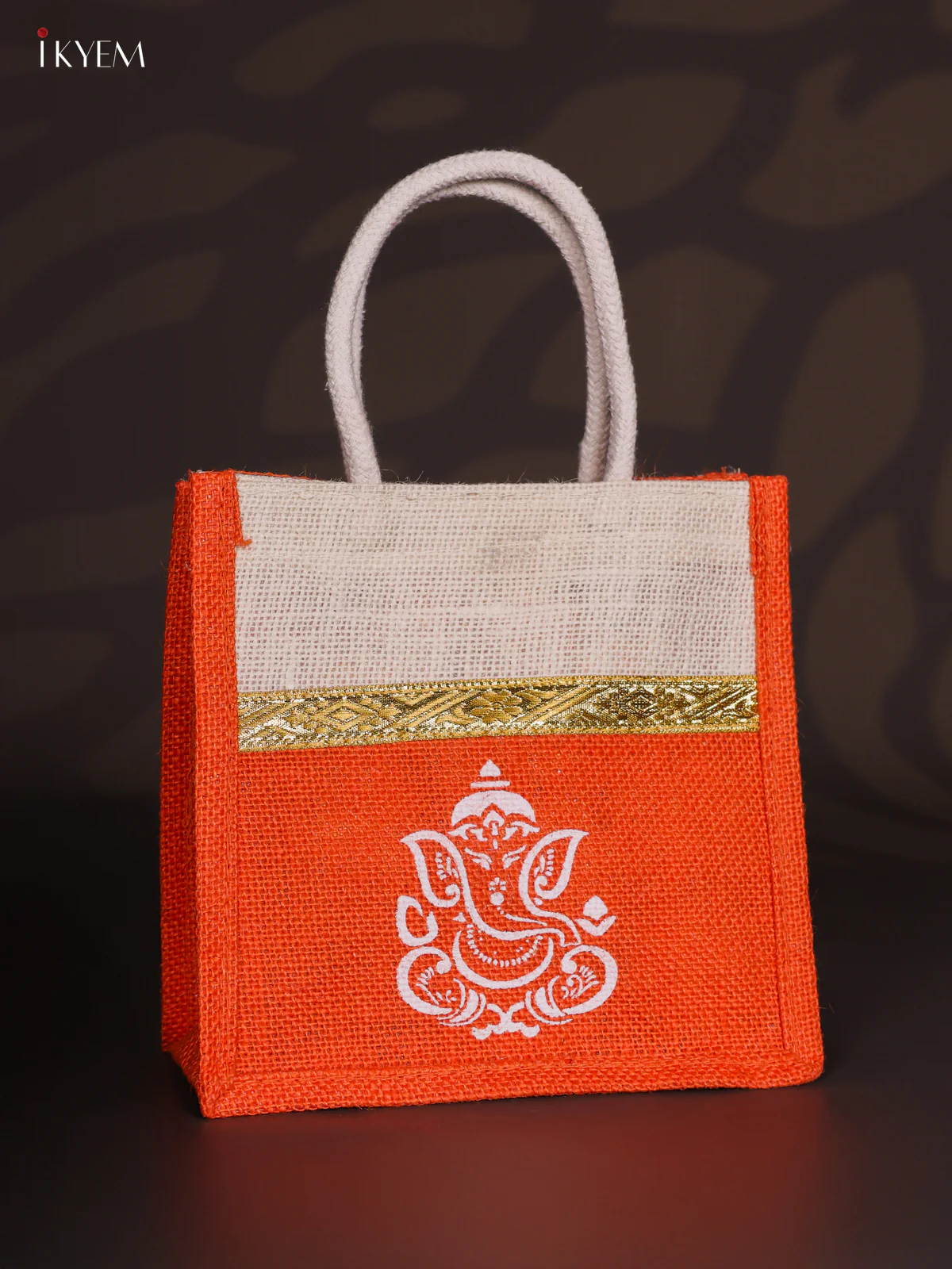 Orange & Beige Ganesha Printed Jute Bag with Zari border - 8 Inch - KJ30115 - Image 3