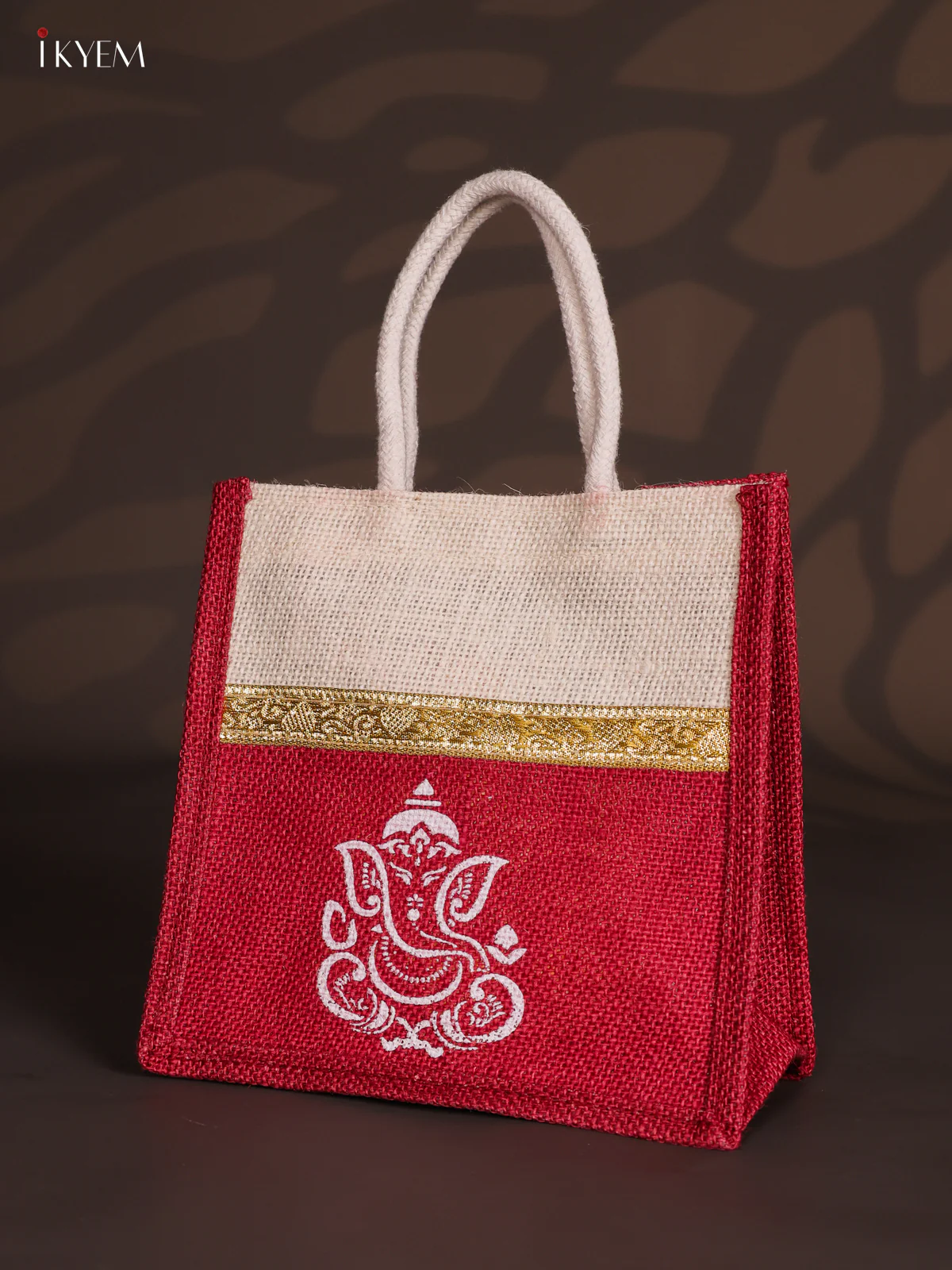 Maroon & Beige Ganesha Printed Jute Bag with Zari border - 8 Inch - KJ30116 - Image 2