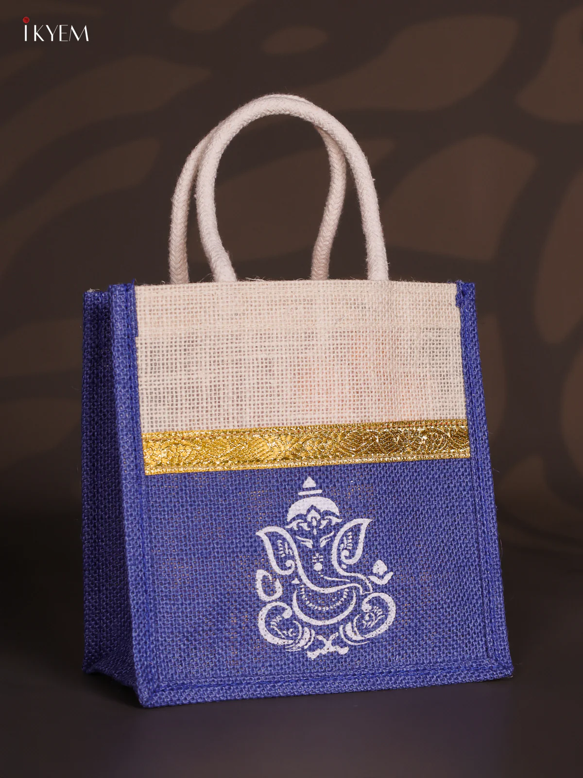 Blue & Beige Ganesha Printed Jute Bag with Zari border - 8 Inch - KJ30117 - Image 2