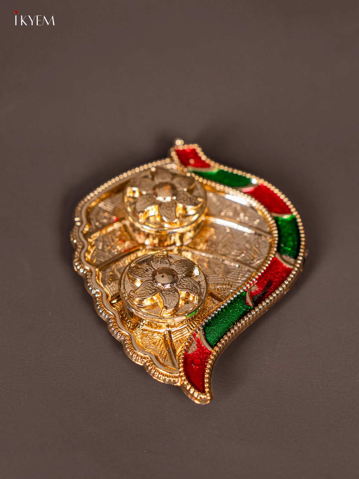 Leaf Shaped Plate With Haldi & Kumkum Holder - (2.8×3.5) Inch - KJ30138
