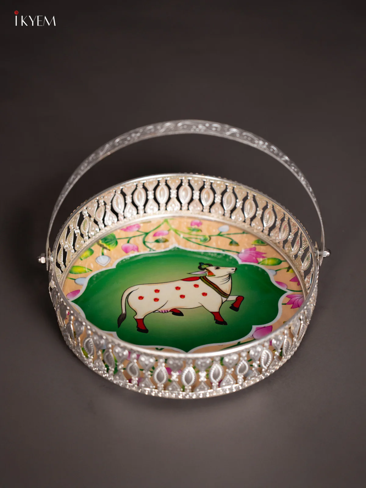 Cow Digital Printed German Silver Tray With Handle - Green - 8 Inch - KJ31201
