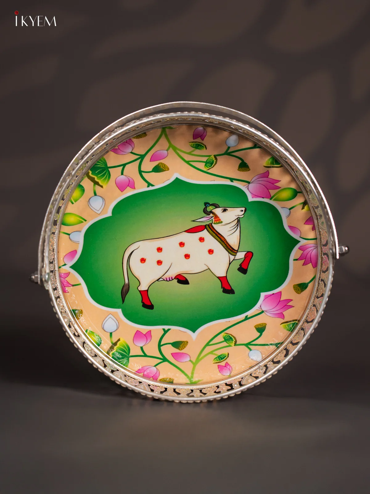 Cow Digital Printed German Silver Tray With Handle - Green - 8 Inch - KJ31201 - Image 2
